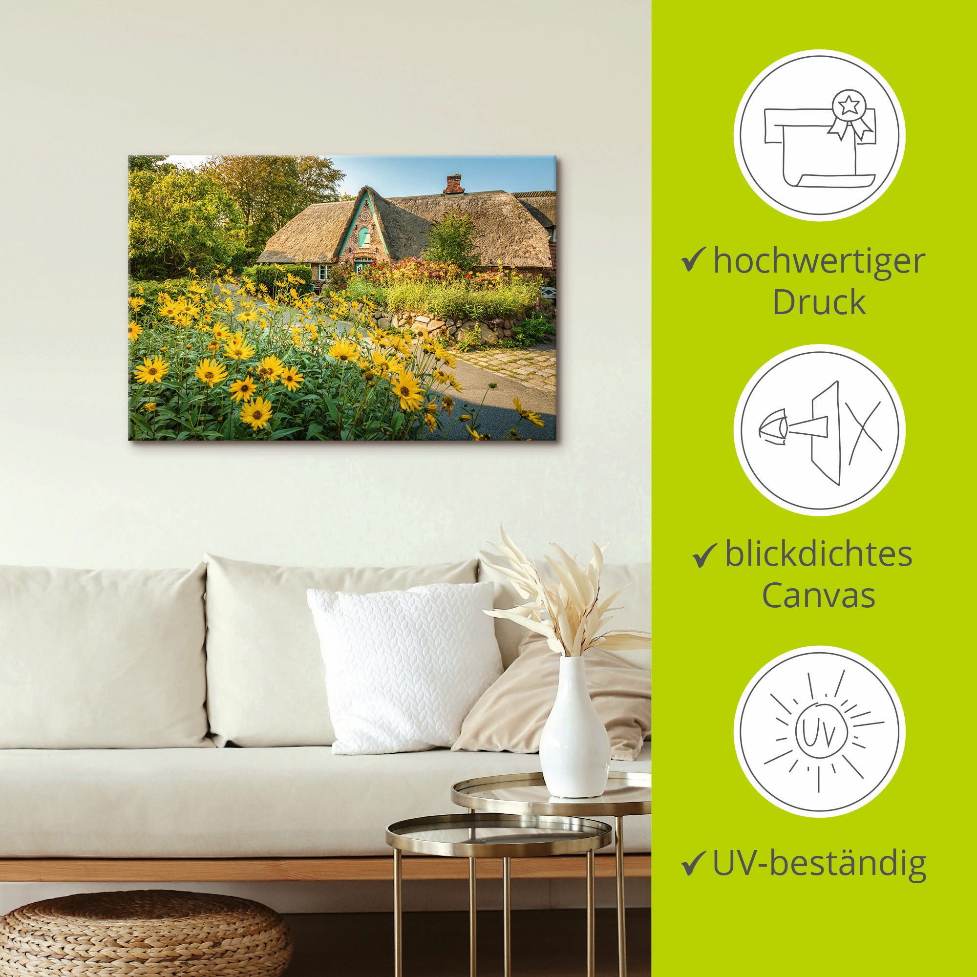 Artland Artprint op linnen Historische boerderij met cottagetuin Keitum