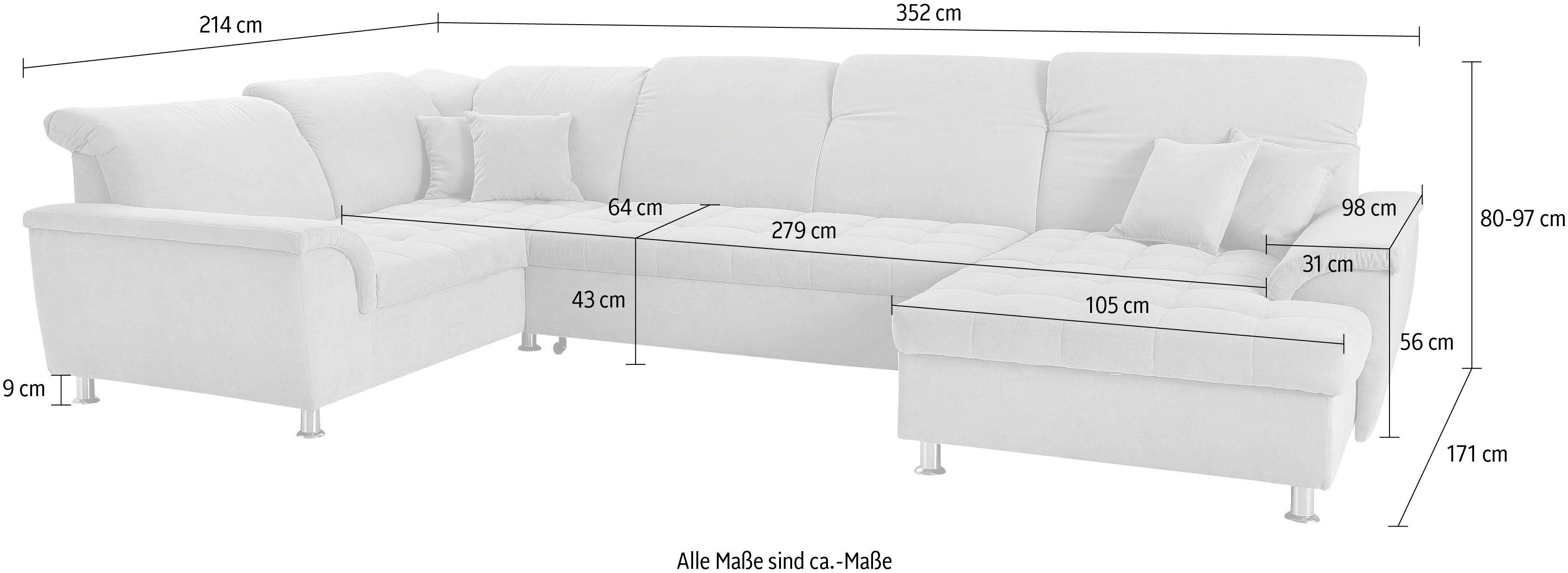 DOMO collection Zithoek Franzi optioneel met hoofdeindeverstelling, slaapfunctie, bedlade in xxl-formaat b/d/h: 352x214x80 cm , stiksels in de zitting, u-model
