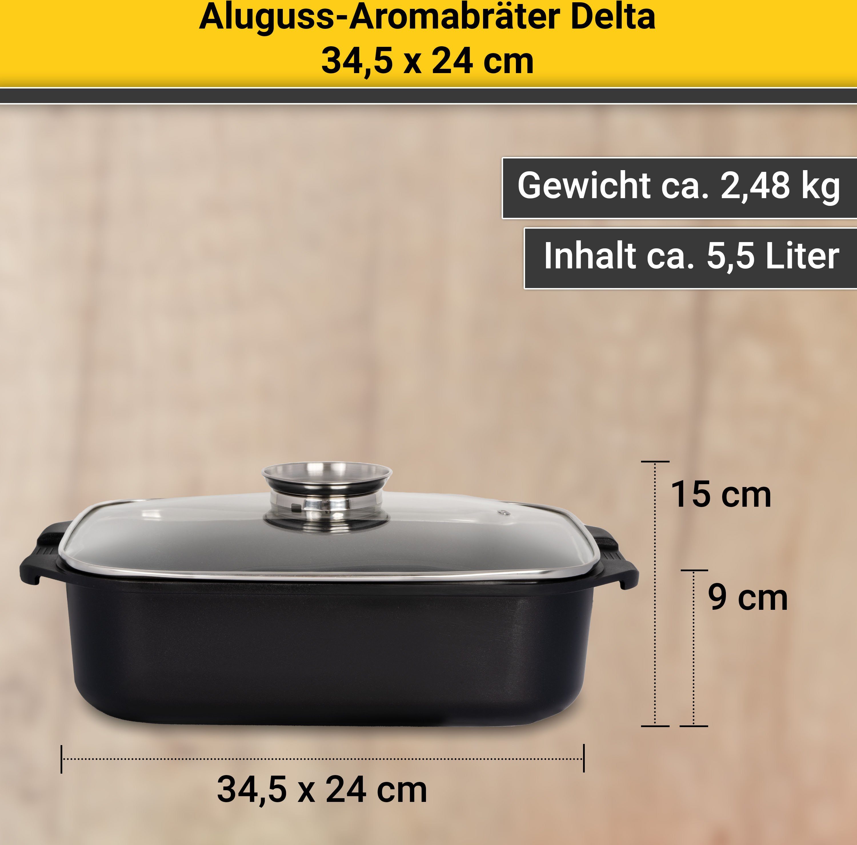 Krüger Braadpan Gietaluminium aroma-braadpan met glazen deksel en aromaknop delta, 34,5x24x9 cm