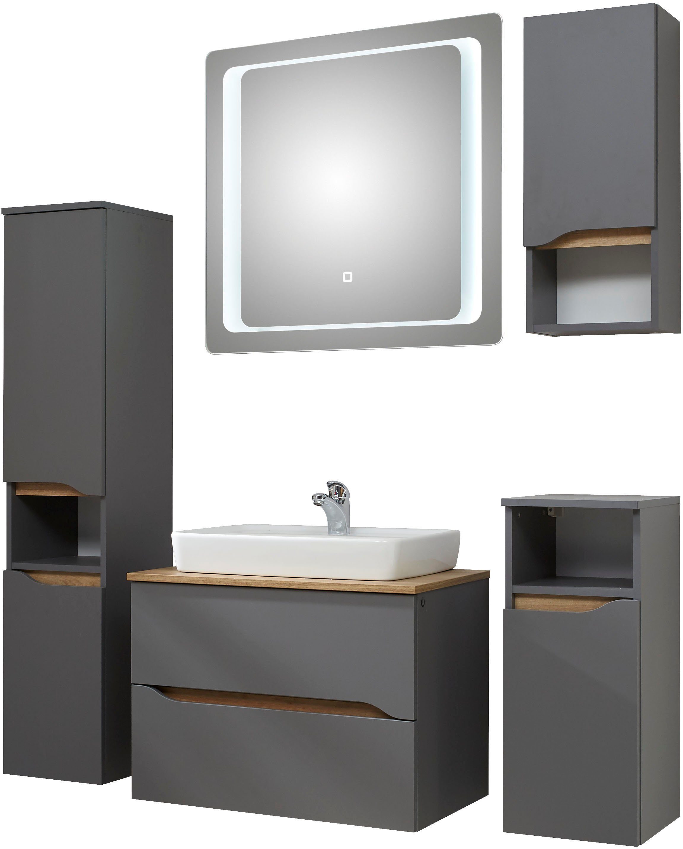 Saphir Badkamerserie Quickset 5-delig, keramieken opzetwasbak met led-spiegel Halfhoge kast, onderkast, hangend kastje, inclusief deurdemper, 6 deuren (7-delig)