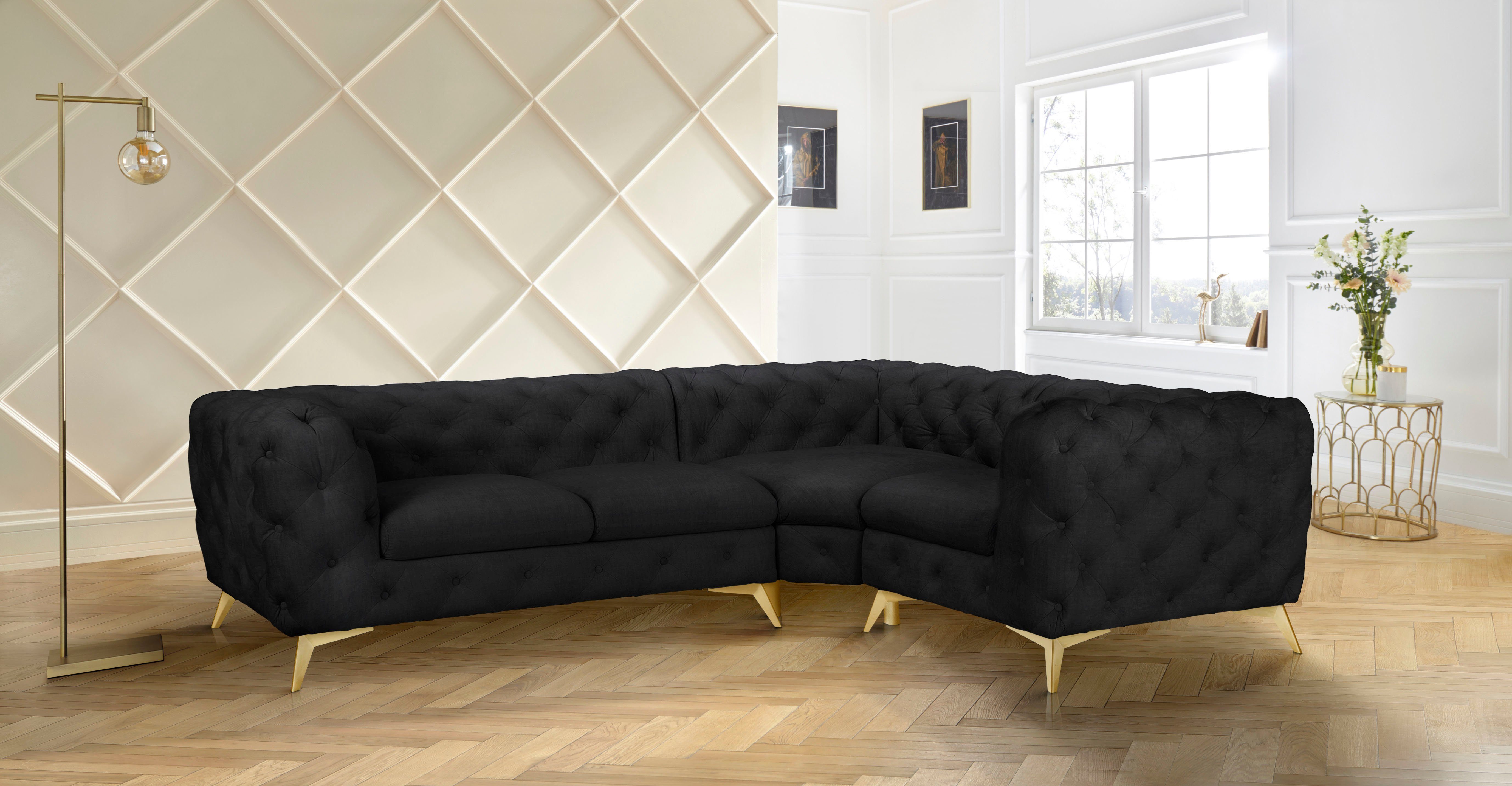 Leonique Chesterfield-bank Glynis L-vorm luxueuze capitonnage, moderne chesterfield look, kleur van de poten ter keuze