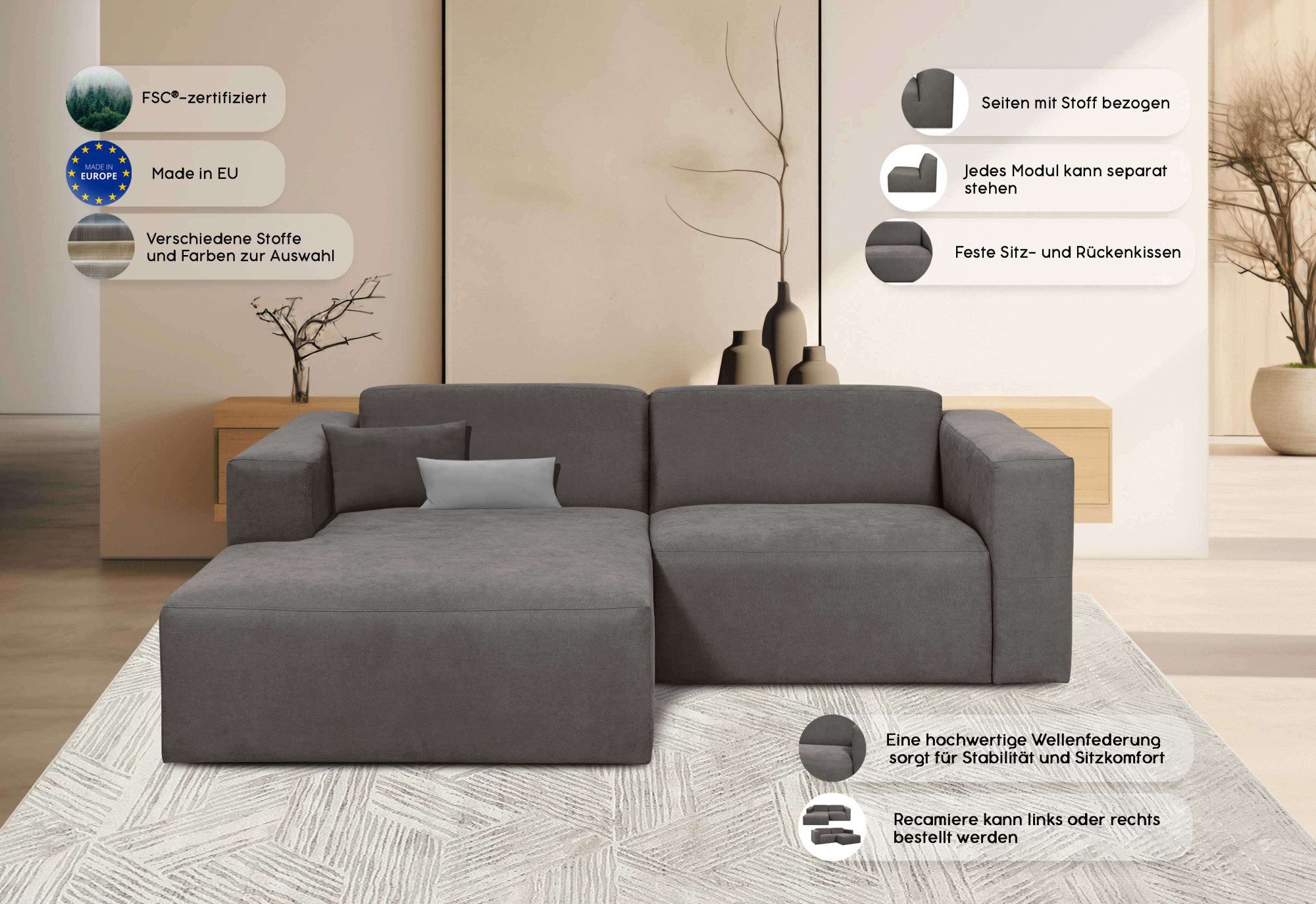 INOSIGN Hoekbank Kelani met decoratieve knoopdetails op de armleuningen