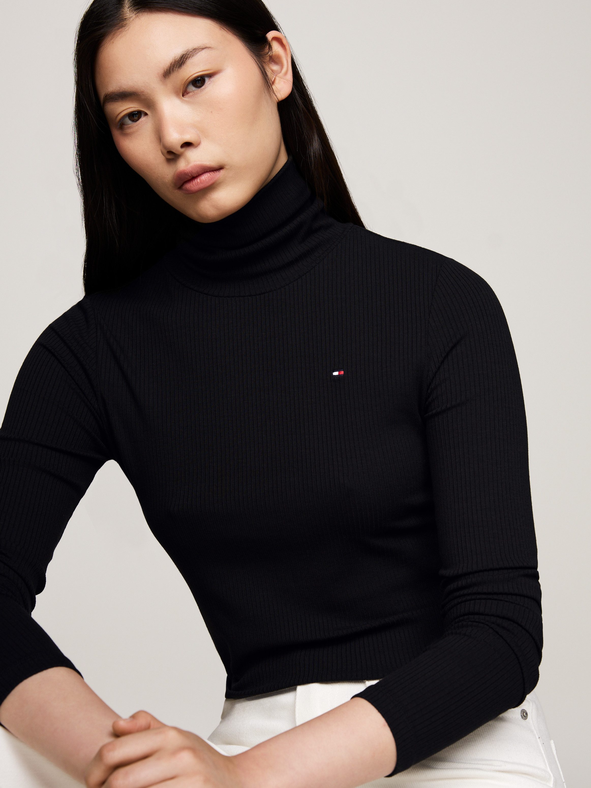Tommy Hilfiger Shirt met lange mouwen SLIM 5X2 RIB ROLL-NK LS in een geribde structuur