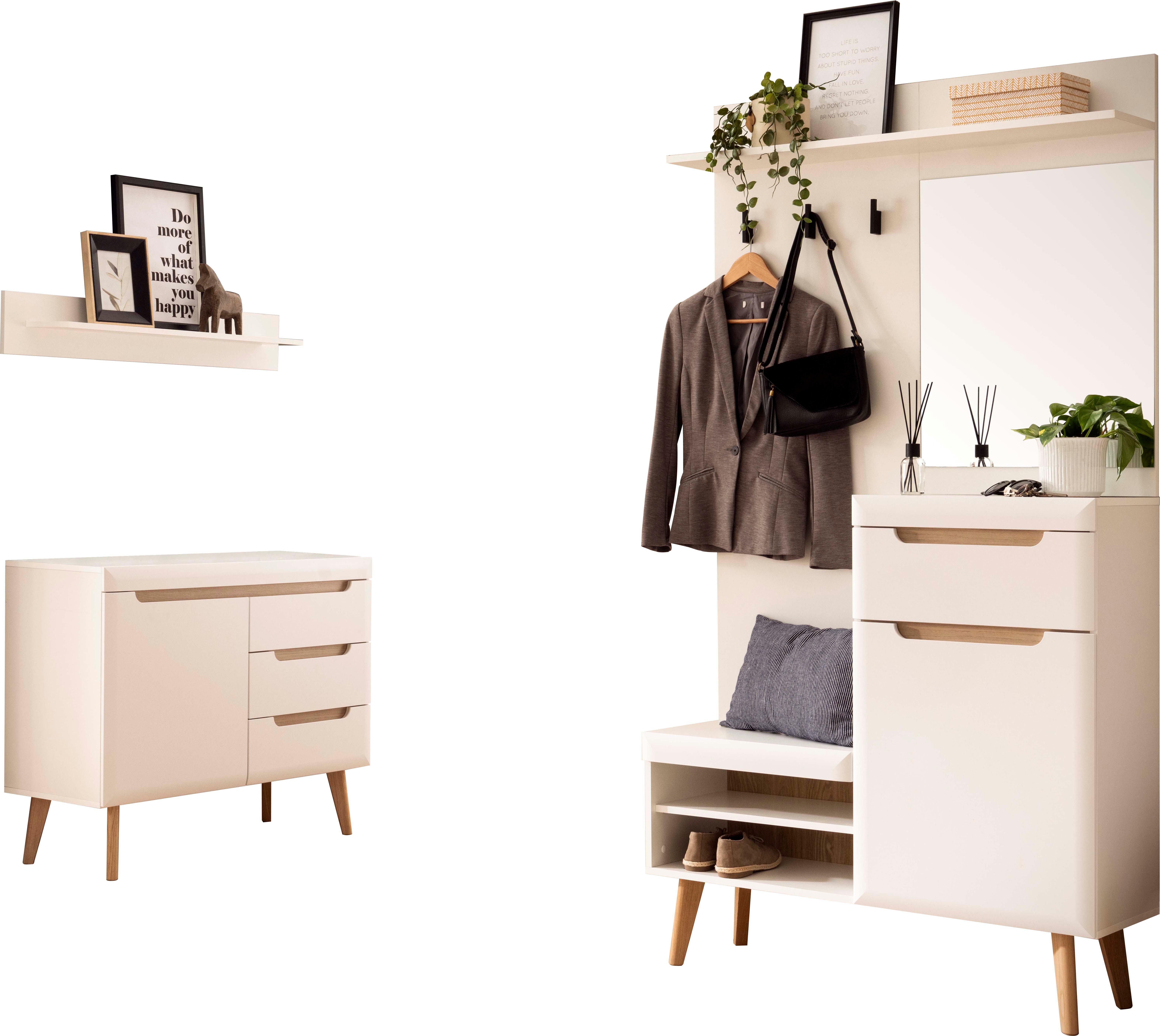 Home affaire Halmeubelset Torge, kapstok met opbergruimte, garderobekast in Scandic design bevat sideboard, garderobe met spiegel en wandplank, in twee kleuren (set, 3-delig)