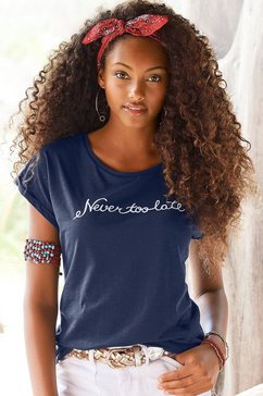 beachtime t-shirt met modieuze gezegden frontprint "never too late" blauw