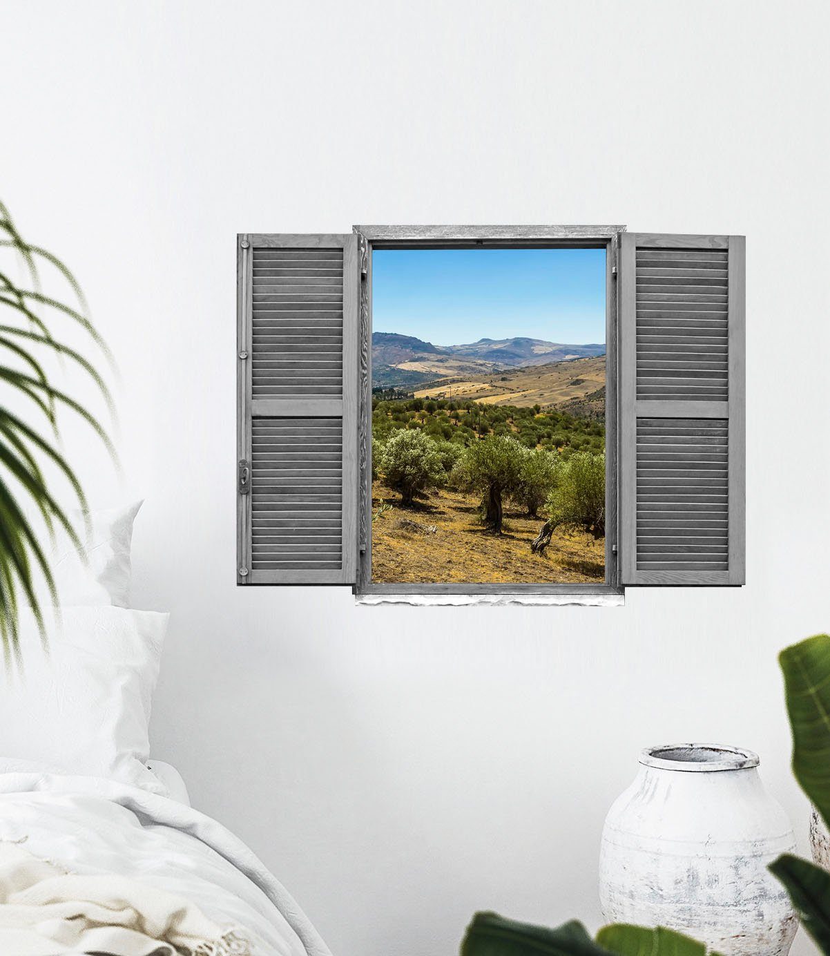 queence Wandfolie Landschap van olijfboomgaarden Muursticker, muurdecoratie, zelfklevend, 3D, raam (1 stuk)