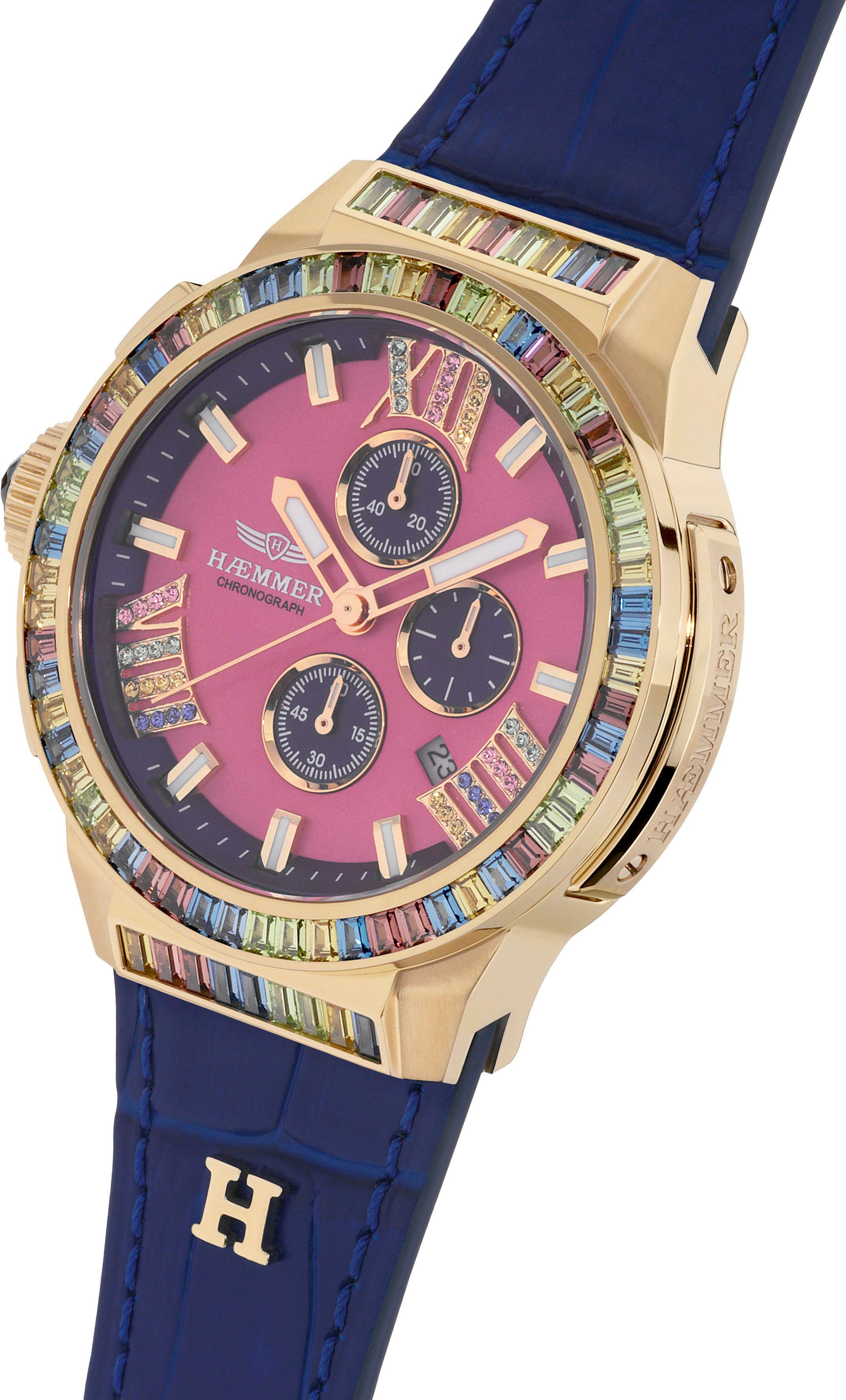 HAEMMER GERMANY Chronograaf Glorious Quartzhorloge, dameshorloge, datum, stopwatchfunctie, saffierglas, leren band