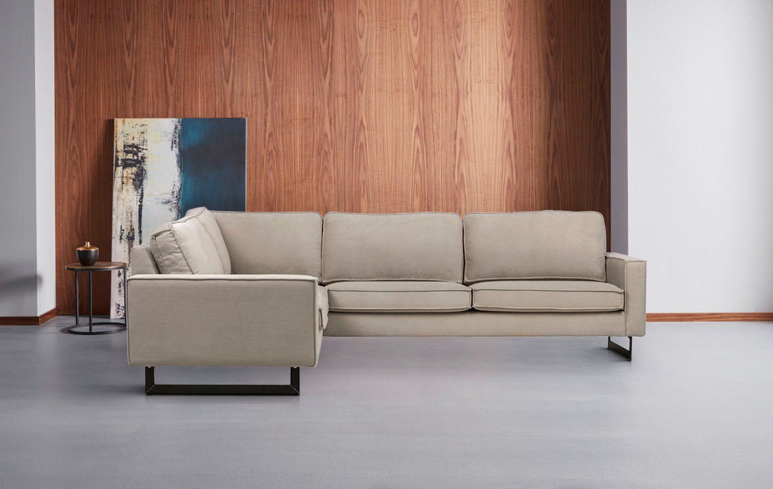 Places of Style Hoekbank Pinto, XXL, 250/290 cm, lange arm, ottomane Cord, chenille, leerlook, met bies, metalen voeten, golfondersteuning