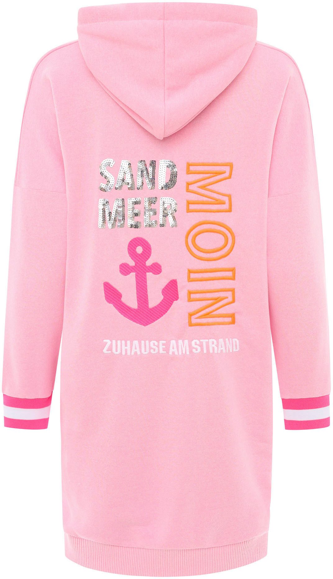 Zwillingsherz Sweatjurk Thuis aan het strand met capuchon, zakken, voor- en achtermotief en boorden met neonstrepen
