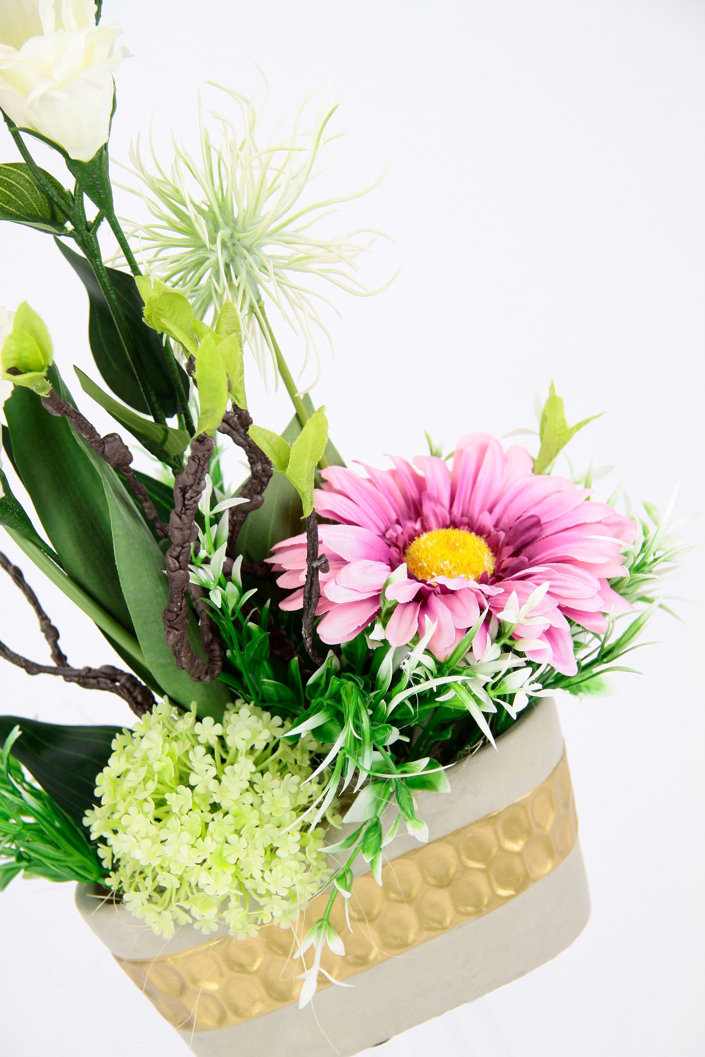 I.GE.A. Kunstbloem Arrangement ranonkel/Lysianthus Plantenschaal van schors met mos (1 stuk)