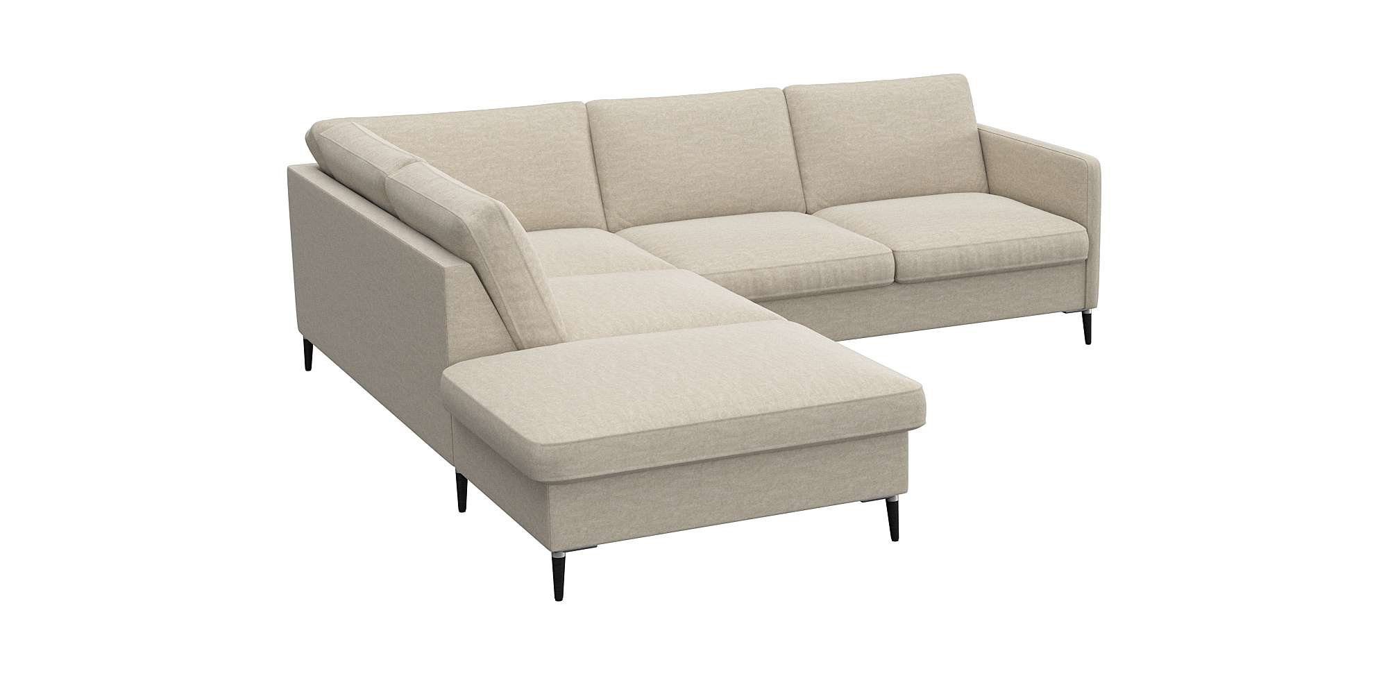 FLEXLUX Hoekbank Fiore, L-vorm smalle armleuningen, aluminium/zwarte poten, bxd 234x225 cm, koudschuim in de zitting