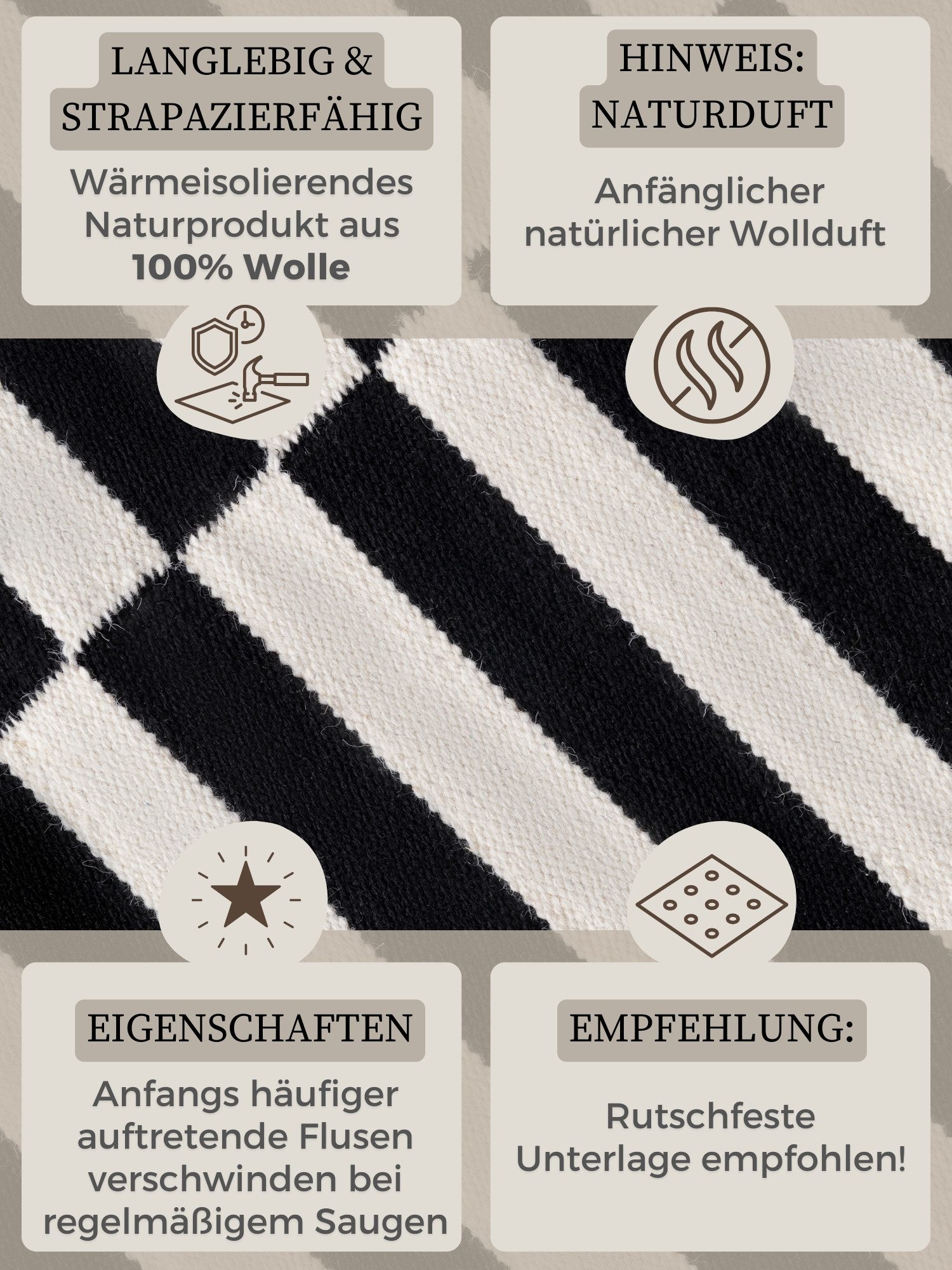 HANSE Home Wollen kleed Donna, zwart-wit handgeweven, wol, natuur, loper, woonkamer, slaapkamer, strepen