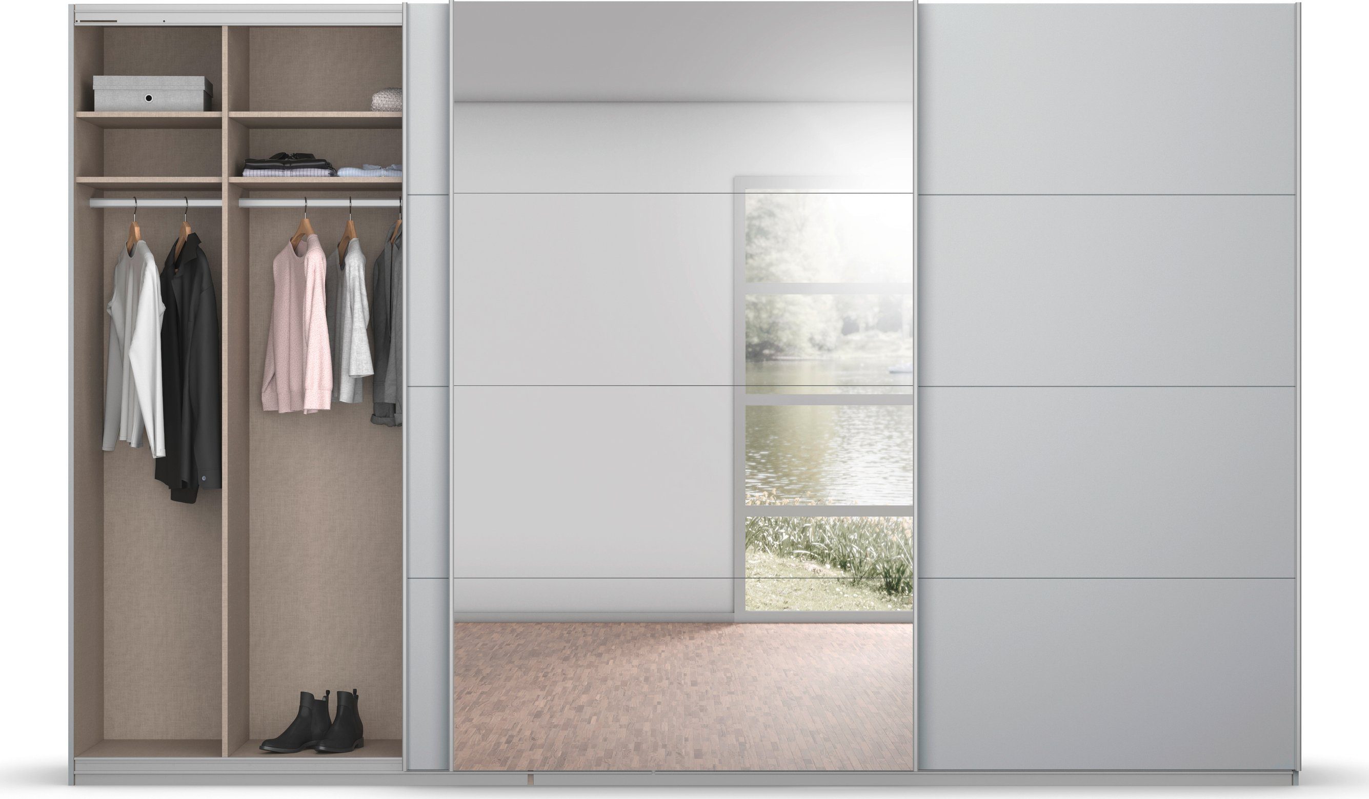 rauch Zweefdeurkast Kledingkast kast garderobe BESTSELLER KOLUNA met spiegel inclusief 2 binnenladen en extra legplanken made in germany