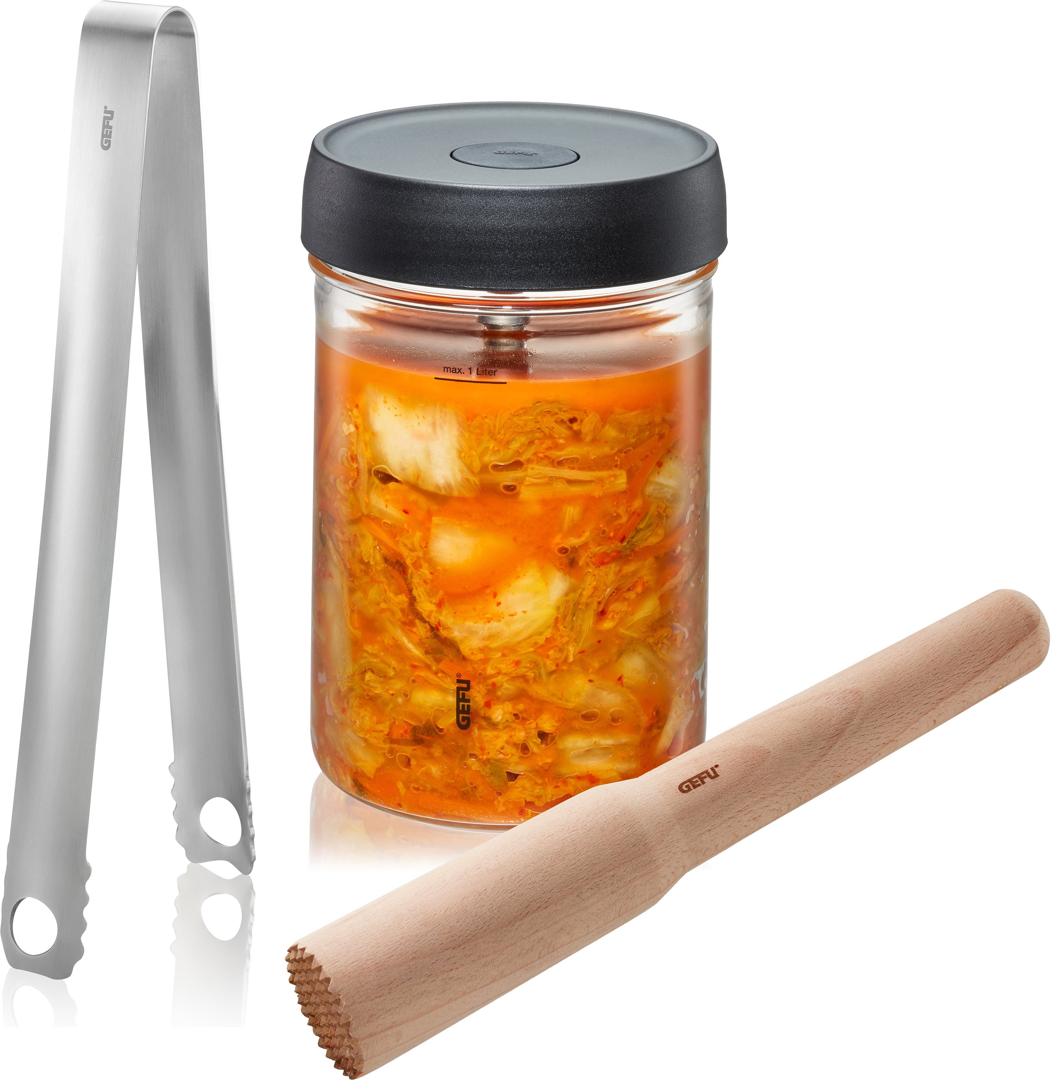 GEFU Fermentatiepot NATIVO 1 l fermentatiepot met deksel, verzwaringsgewicht, klepstoter en tang (set, 5-delig) voedsel bewaardozen wit