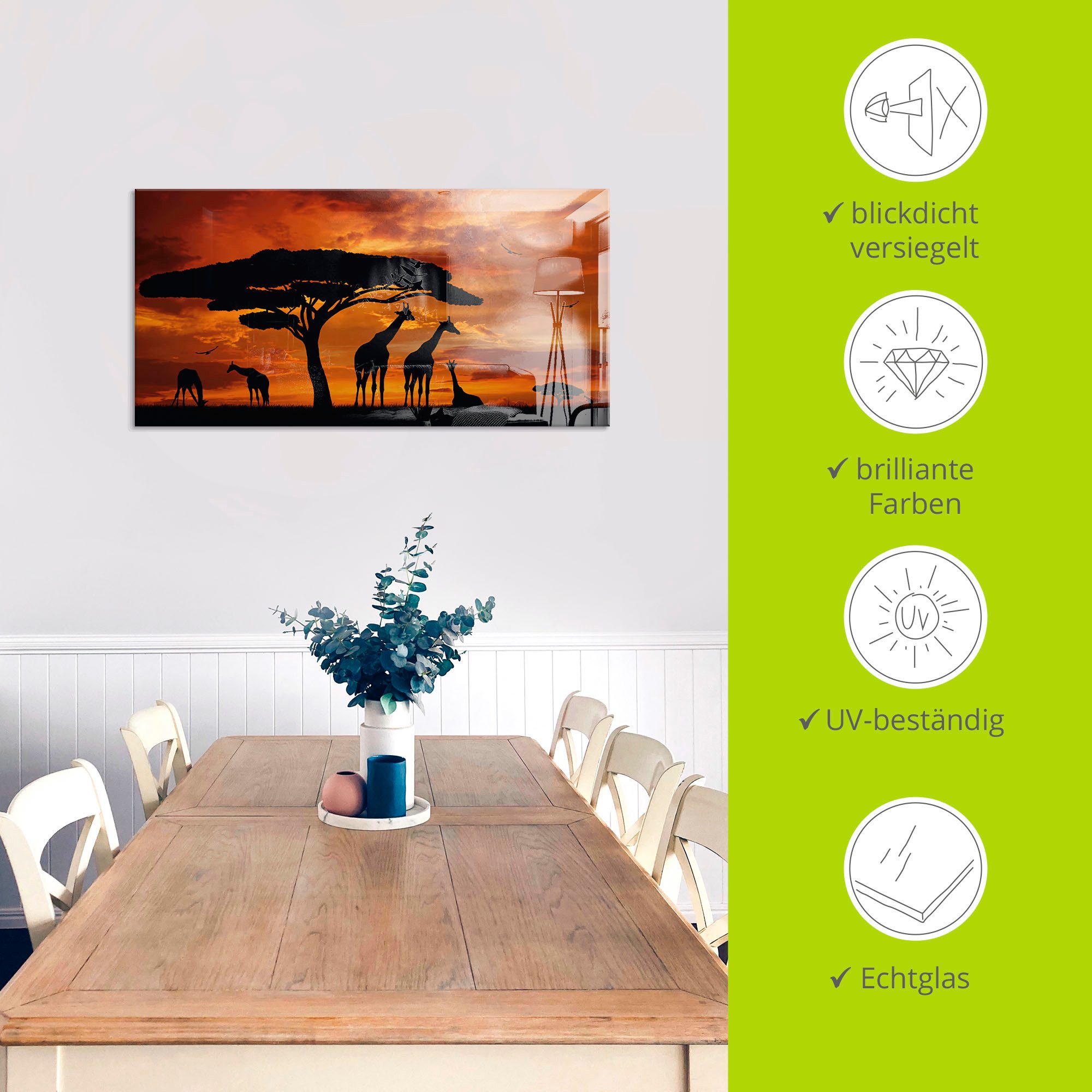 Artland Print op glas Kudde giraffen bij zonsondergang