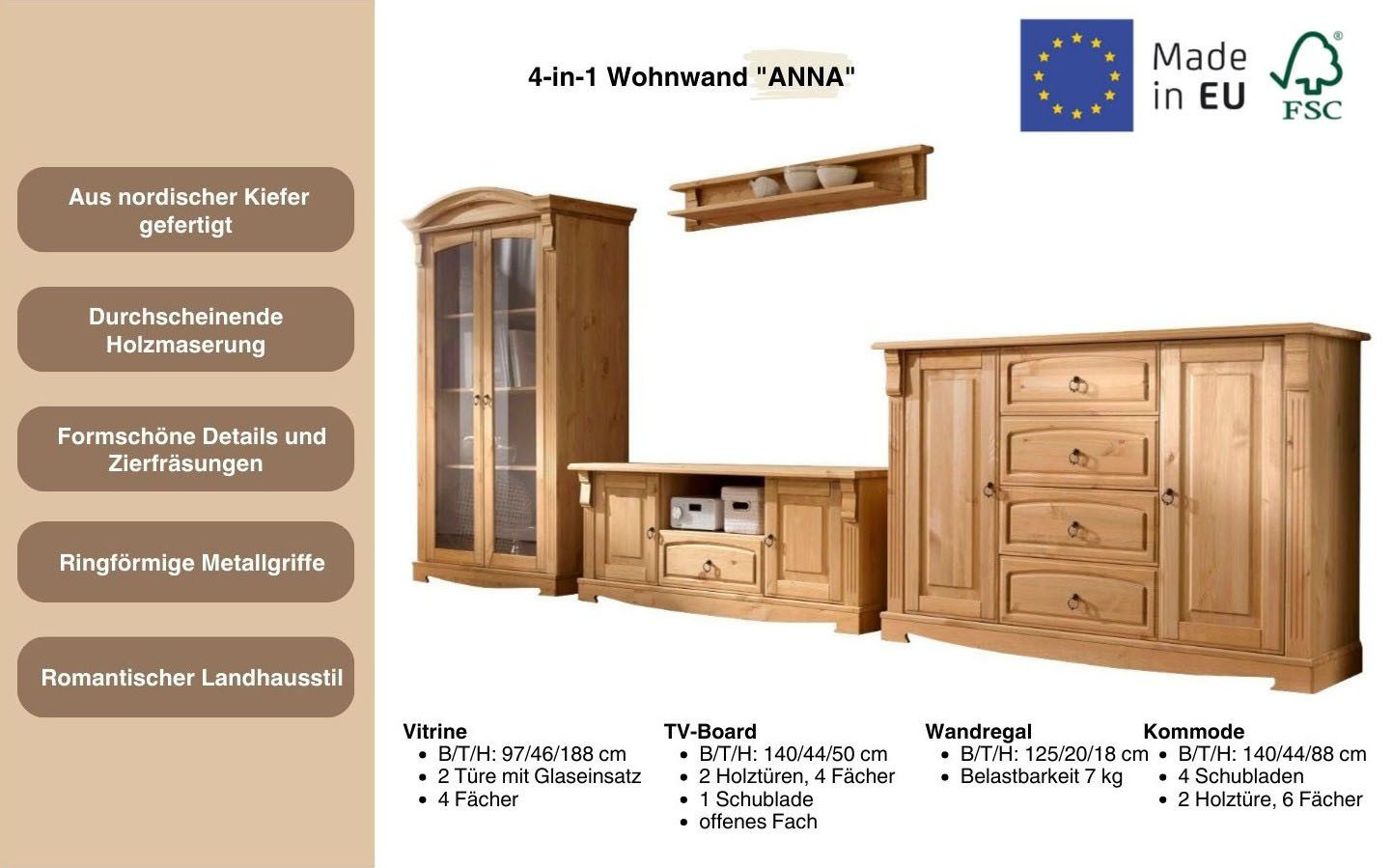 Home affaire Wandmeubel ANNA van massief dennenhout, fsc®, in romantische landelijke stijl (set, 4-delig)