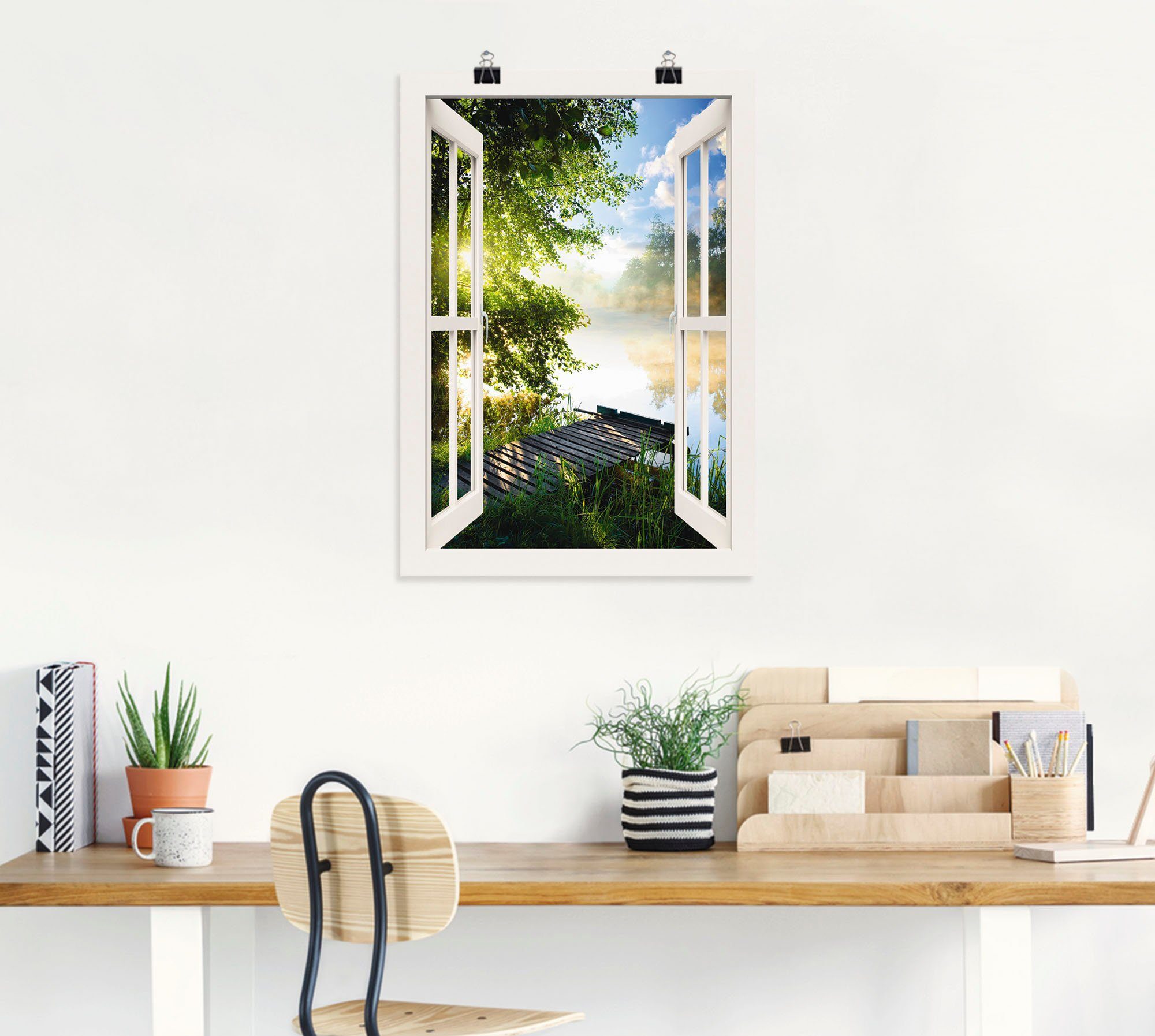 Artland Artprint Blik uit het venster visplek bij de rivier als artprint van aluminium, artprint voor buiten, artprint op linnen, poster, muursticker