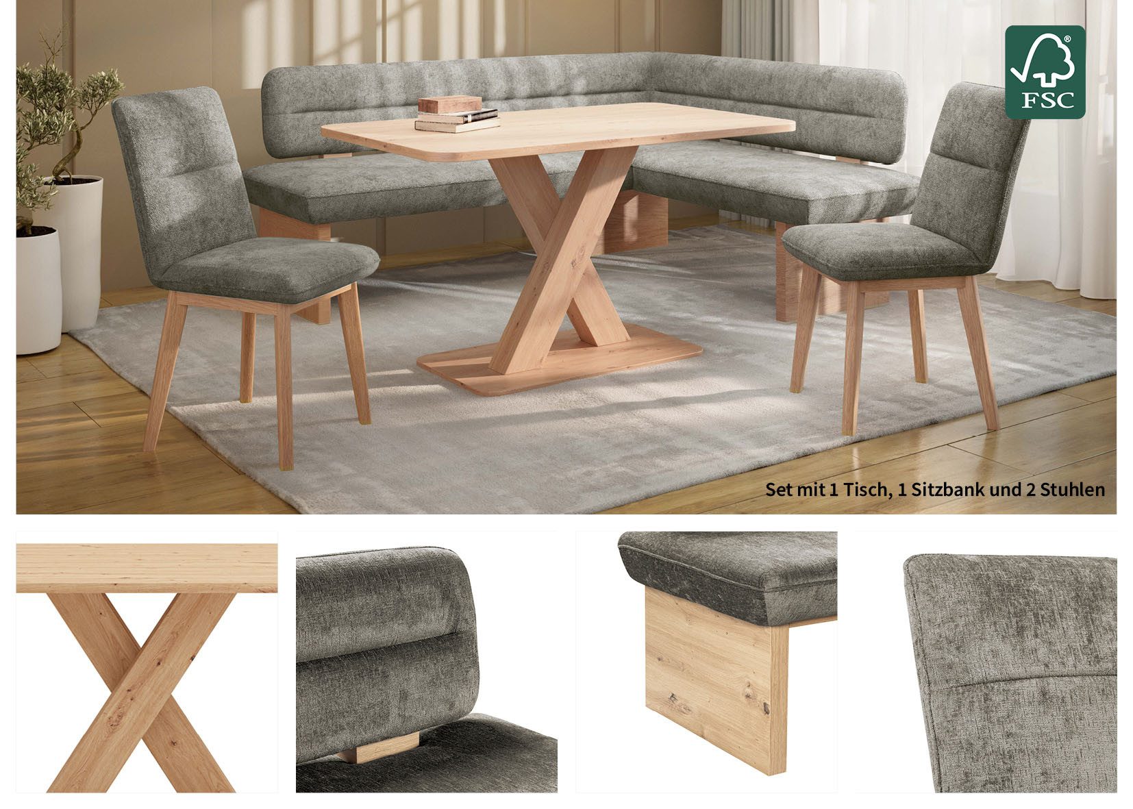 Home affaire Eethoek Louise + Miles eetkamerset, zitgroep, hoekbank, keukenbank Eetkamer zitgroep stoelen tafel en bank comfortabel gepolsterd (4-delig)