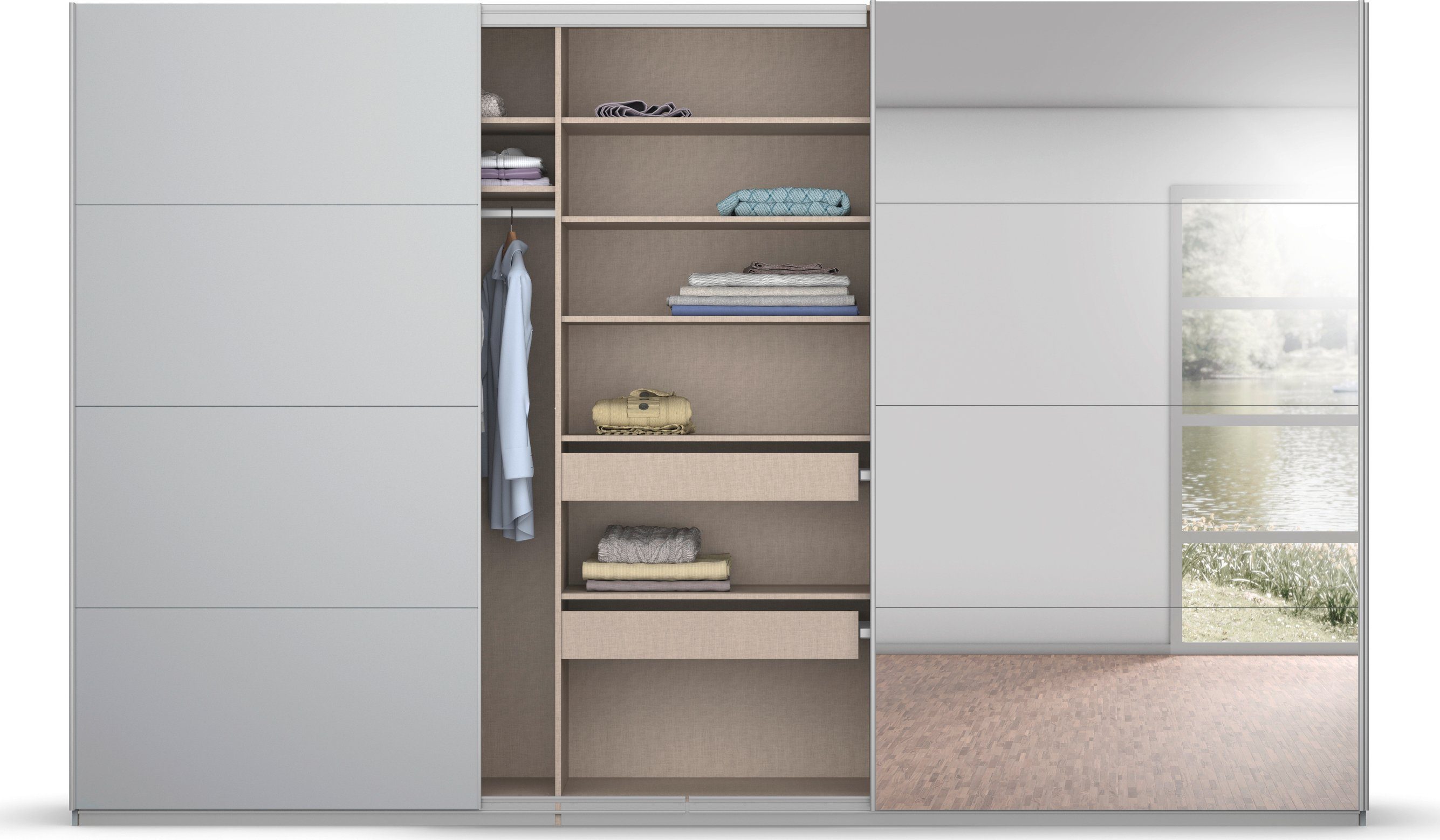 rauch Zweefdeurkast Kledingkast kast garderobe BESTSELLER KOLUNA met spiegel inclusief 2 binnenladen en extra legplanken made in germany