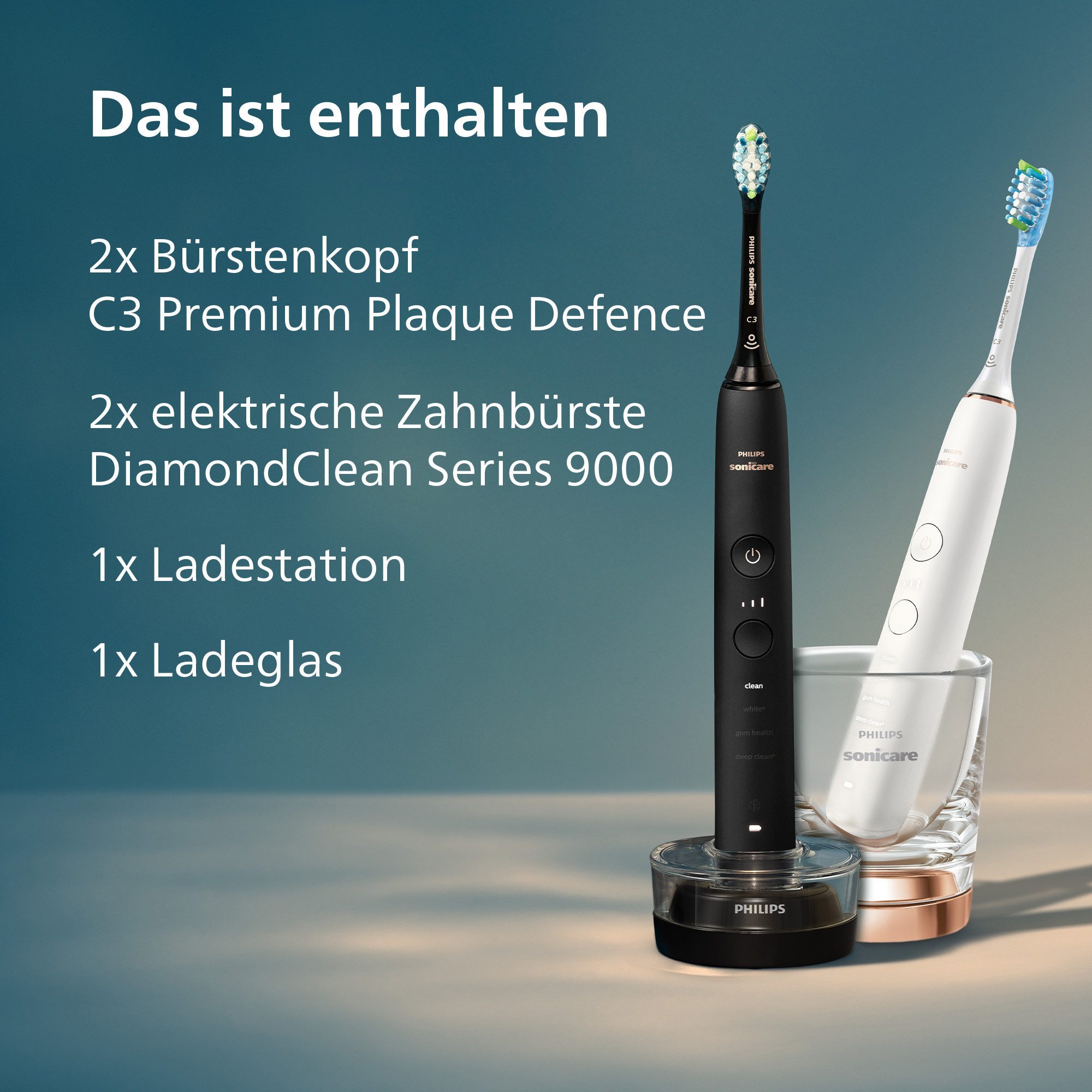 Philips Sonicare Elektrische tandenborstel DiamondClean 9000 HX9914 DiamondClean Premium ultrasone tandenborstel, set van 2 inclusief oplaadglas