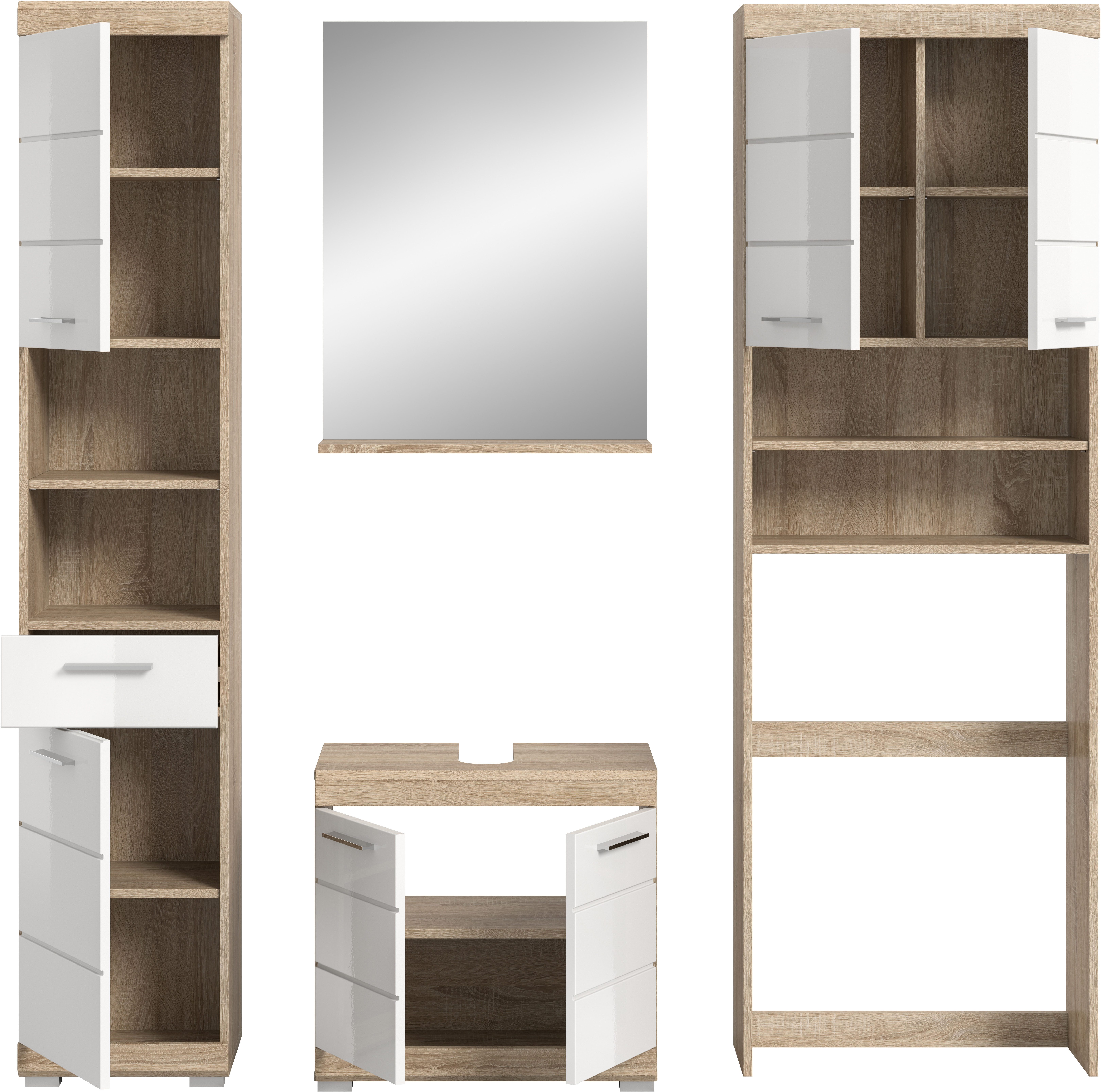 INOSIGN Badkamerserie Siena, 4-delig, bestaande uit: Hoge kast, WBU, badkamer spiegel, wasmachine ombouwkast (set, 4-delig)