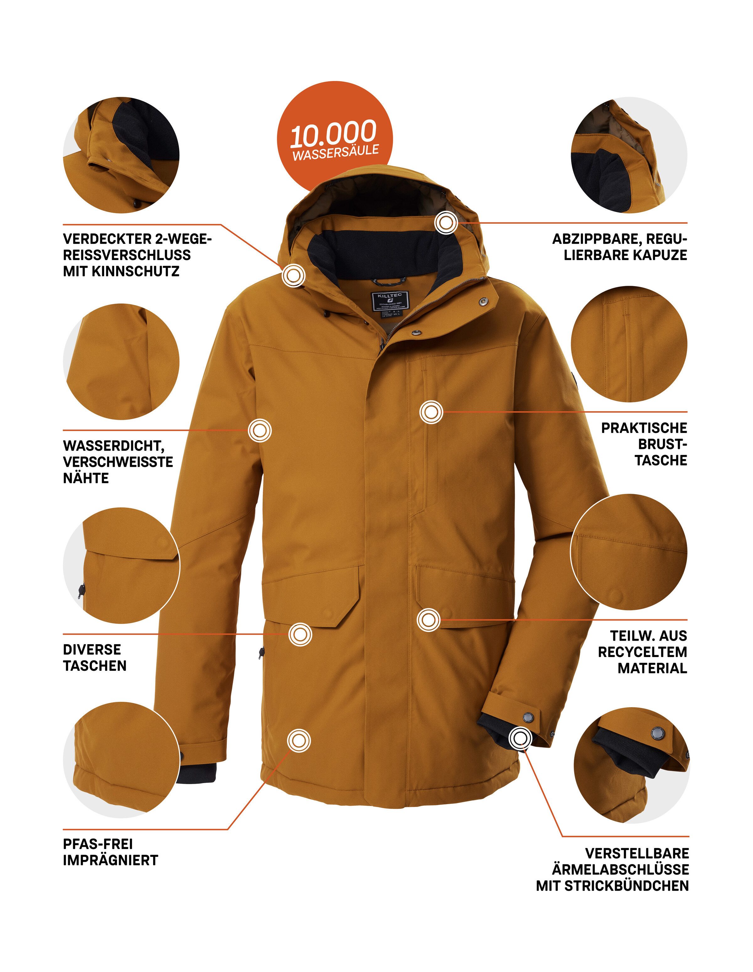 Killtec Parka KOW 85 MN PRK Water- en winddicht, ademend, afneembare capuchon, PFAs-vrij