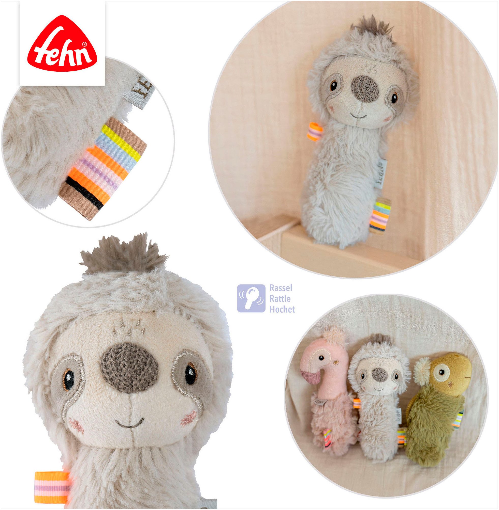 Fehn Grijpspeeltje Lazy, Crazy & Pink, Staafgrijper Luiaard