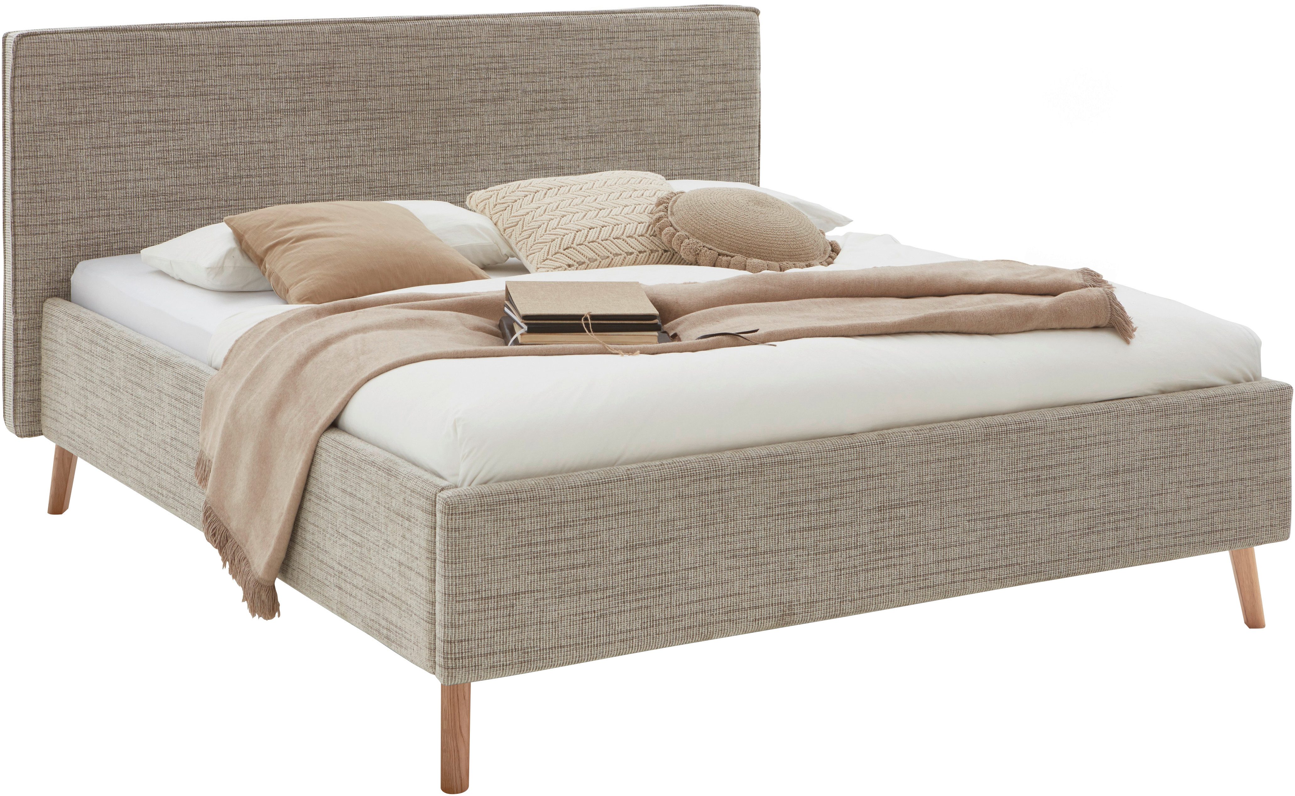 meise.möbel Gestoffeerd bed Riva met eikenkleurige houten poten, naar keuze met bedkist en lattenbodem