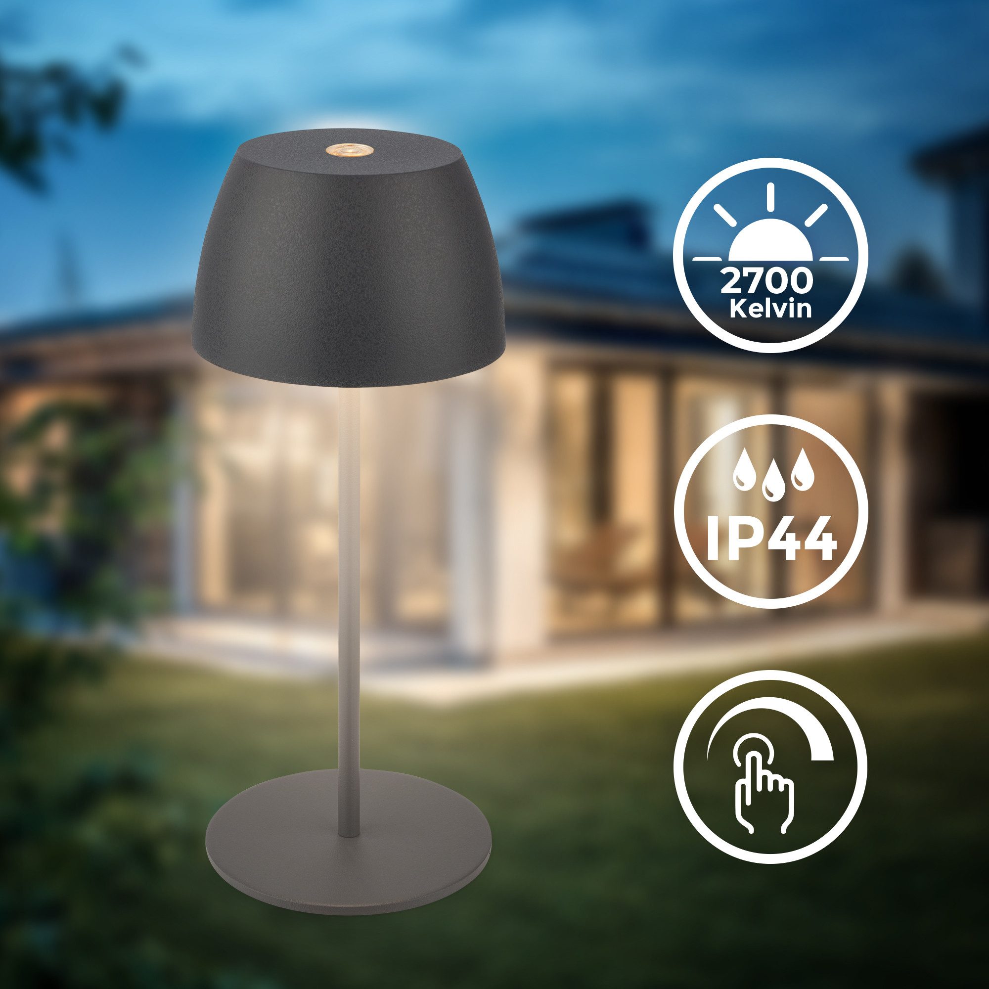 B.K.Licht Tafellamp voor buiten BK_TL1606 Mini Accu LED tafellamp, touchdimmer, met USB-C 2.700 k, 150lm, 2,5w, verwisselbare accu, max. 24h brandduur, antraciet (1 stuk)