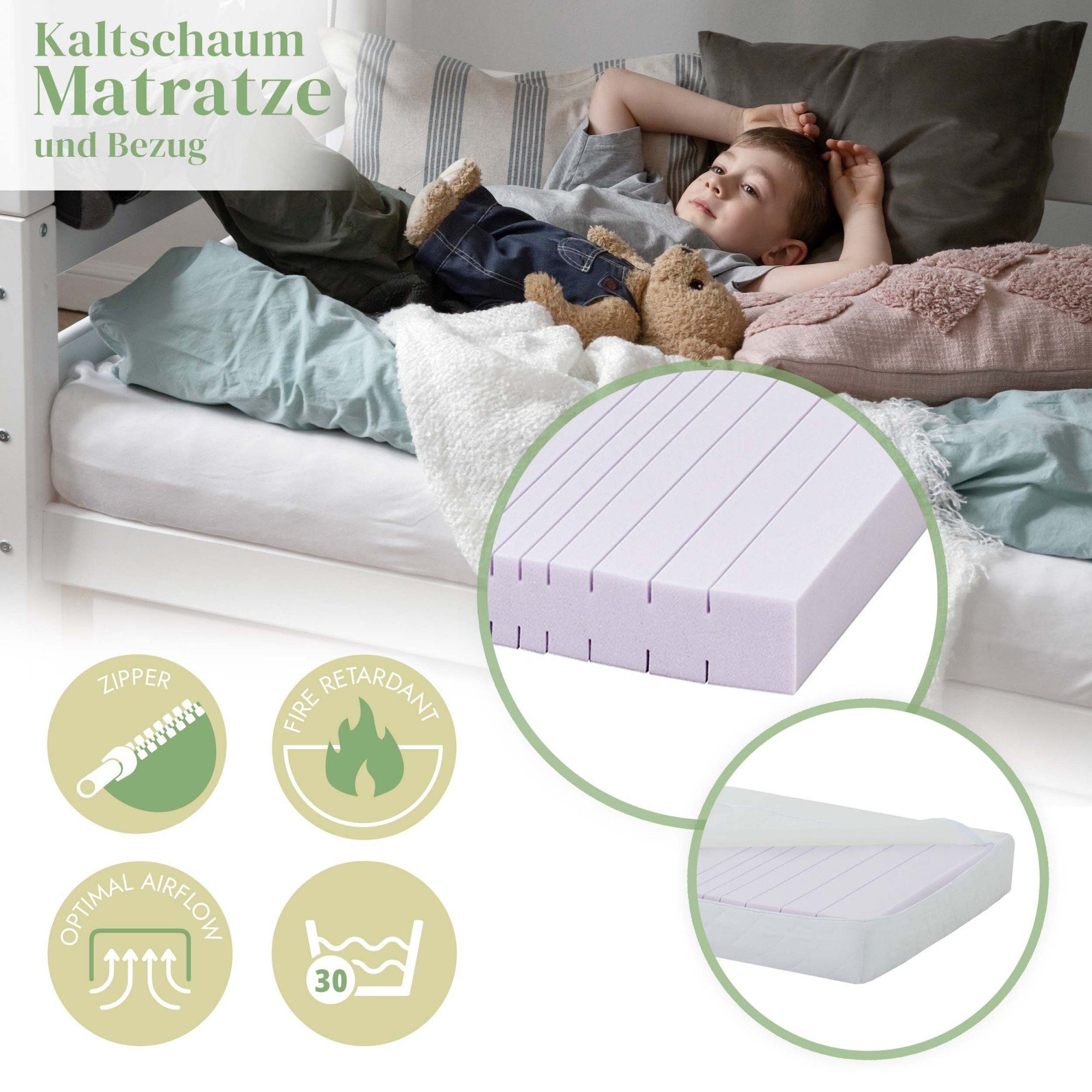Hoppekids Speelbed ECO Dream, hoogslaper, deelbaar in 2 eenpersoonsbedden Massief houten bed met zeemeermingordijn, matras & 2 maten ter keuze