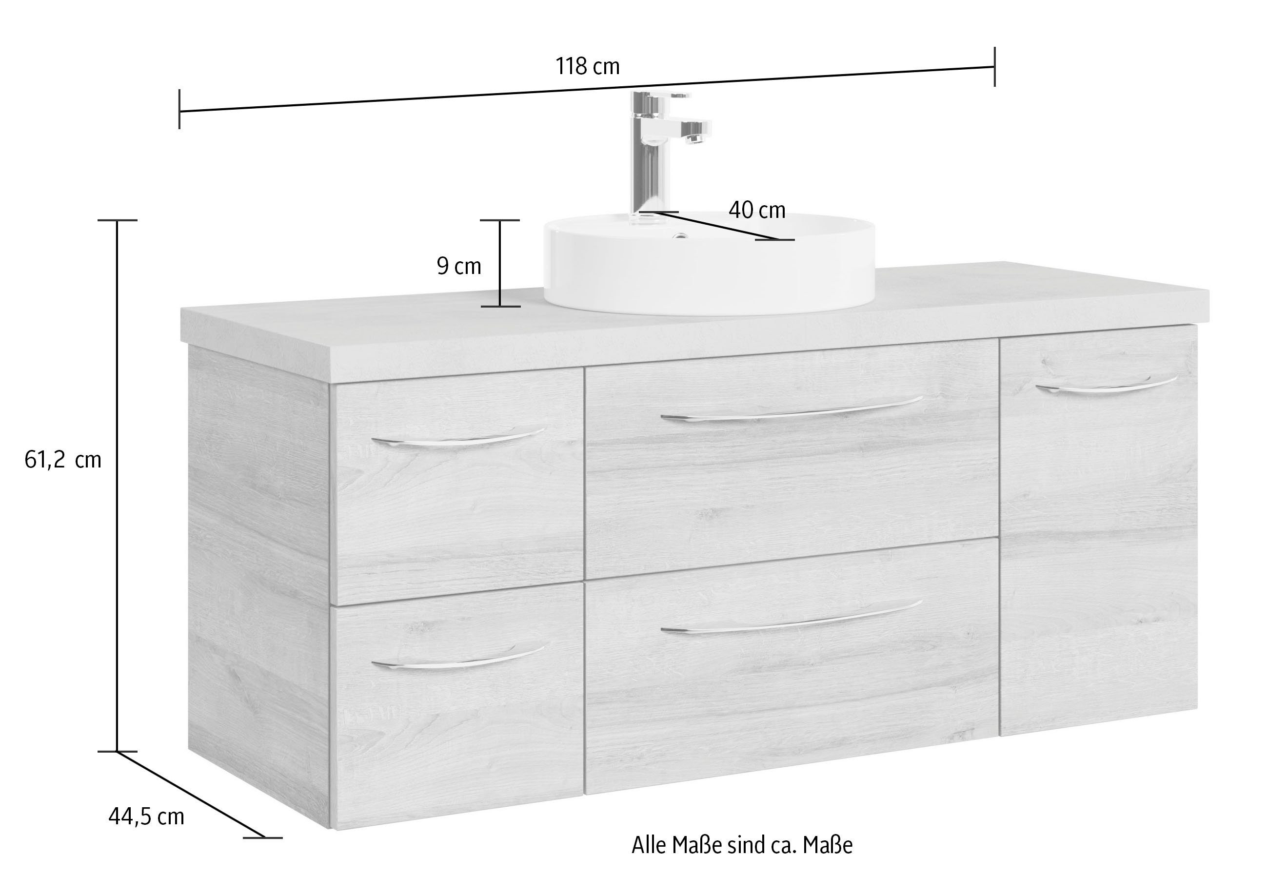 Saphir Wastafelonderkast Serie 4035 keramieken opzetwasbak met onderkast, 118 cm breed Wasplaats, 4 lades, 1 deur, incl. deurdemper, handgreep chroom glans