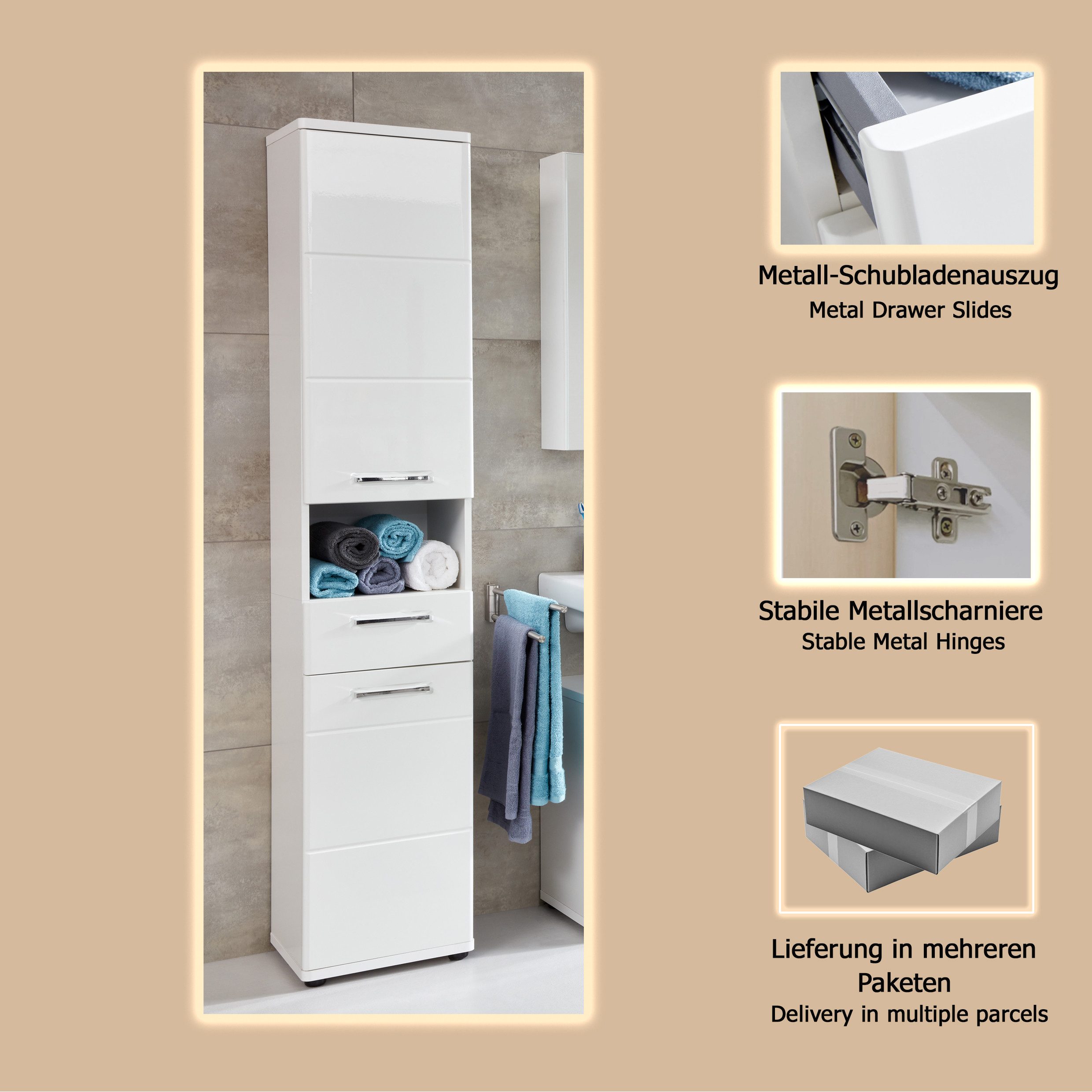 welltime Hoge kast Mora Witte badkamerkast met lade en 2 deuren - (B/D/H) 37/34/189 cm