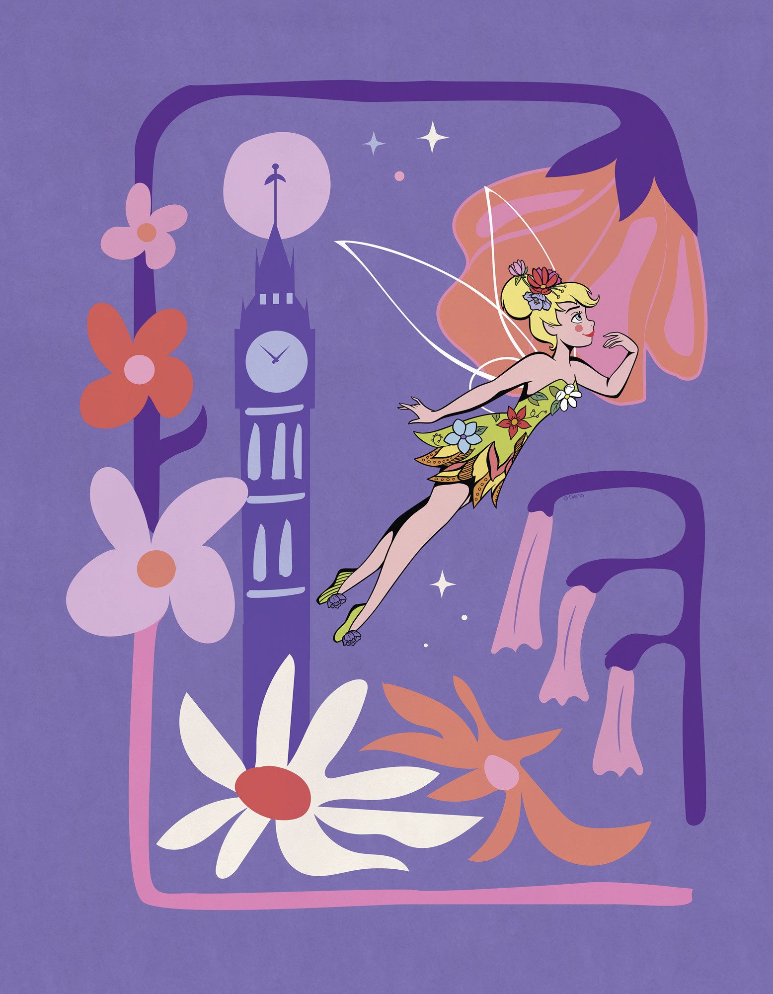 Komar Artprint op linnen Disney Tinker Bell Flower City 300 x 280 cm (breedte x hoogte) - behang, vlies, woonkamer, slaapkamer (1 stuk)