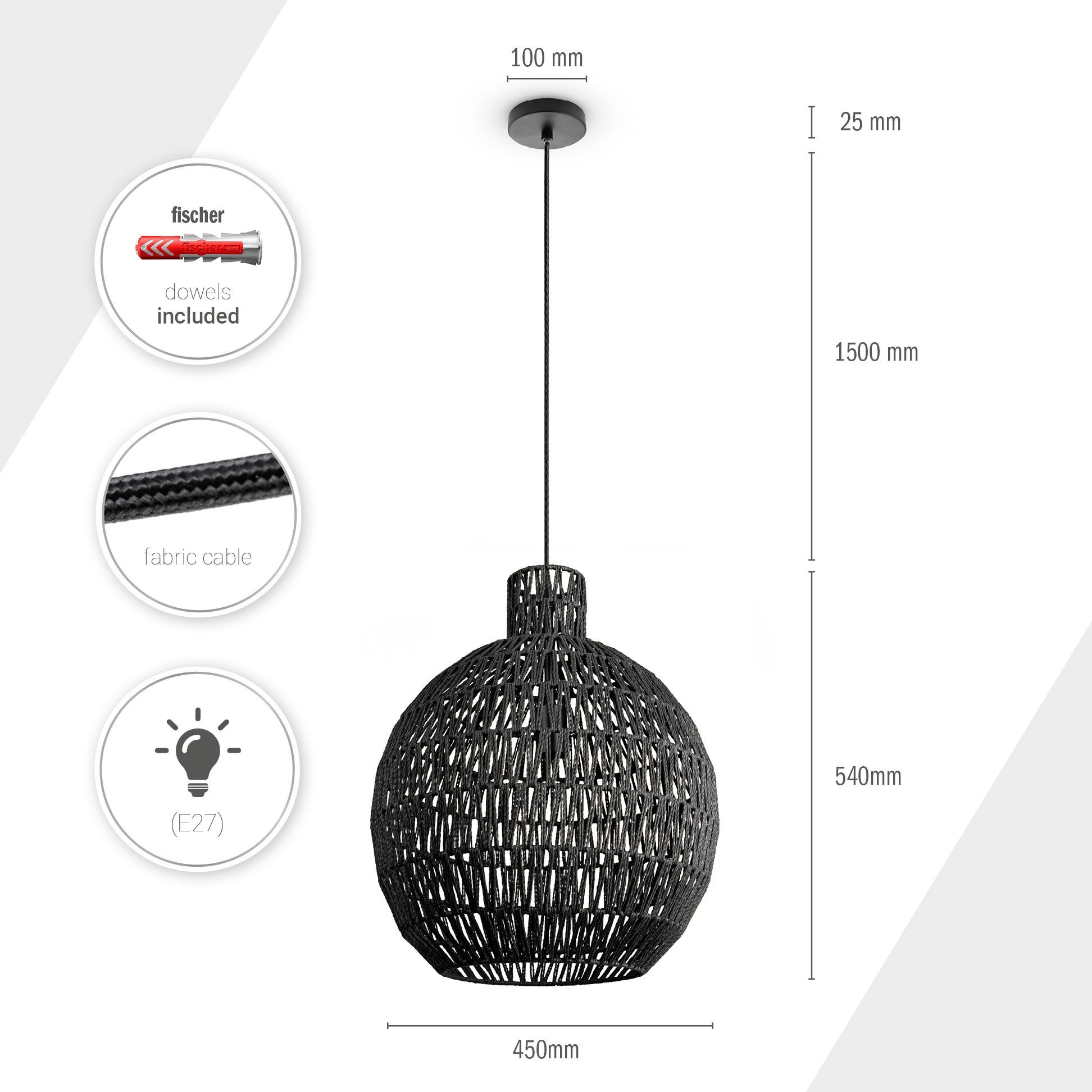 Paco Home Hanglamp Ulla Lamp papier pendellamp rustiek mand LED Boho rattan look E27