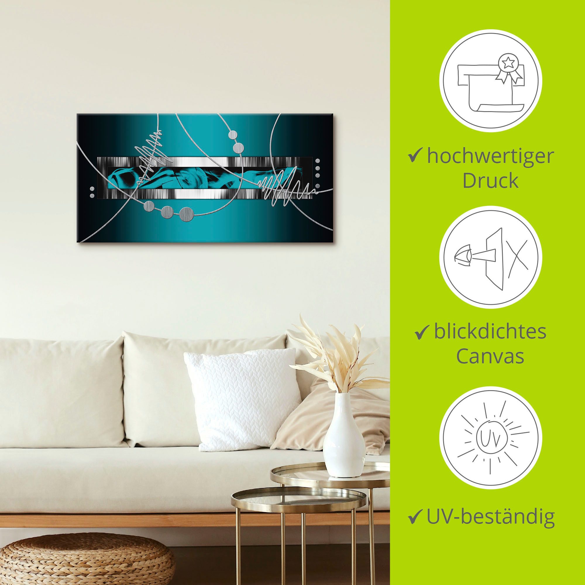 Artland Artprint Zilverkleur abstract op petrol als artprint van aluminium, artprint voor buiten, artprint op linnen, poster, muursticker