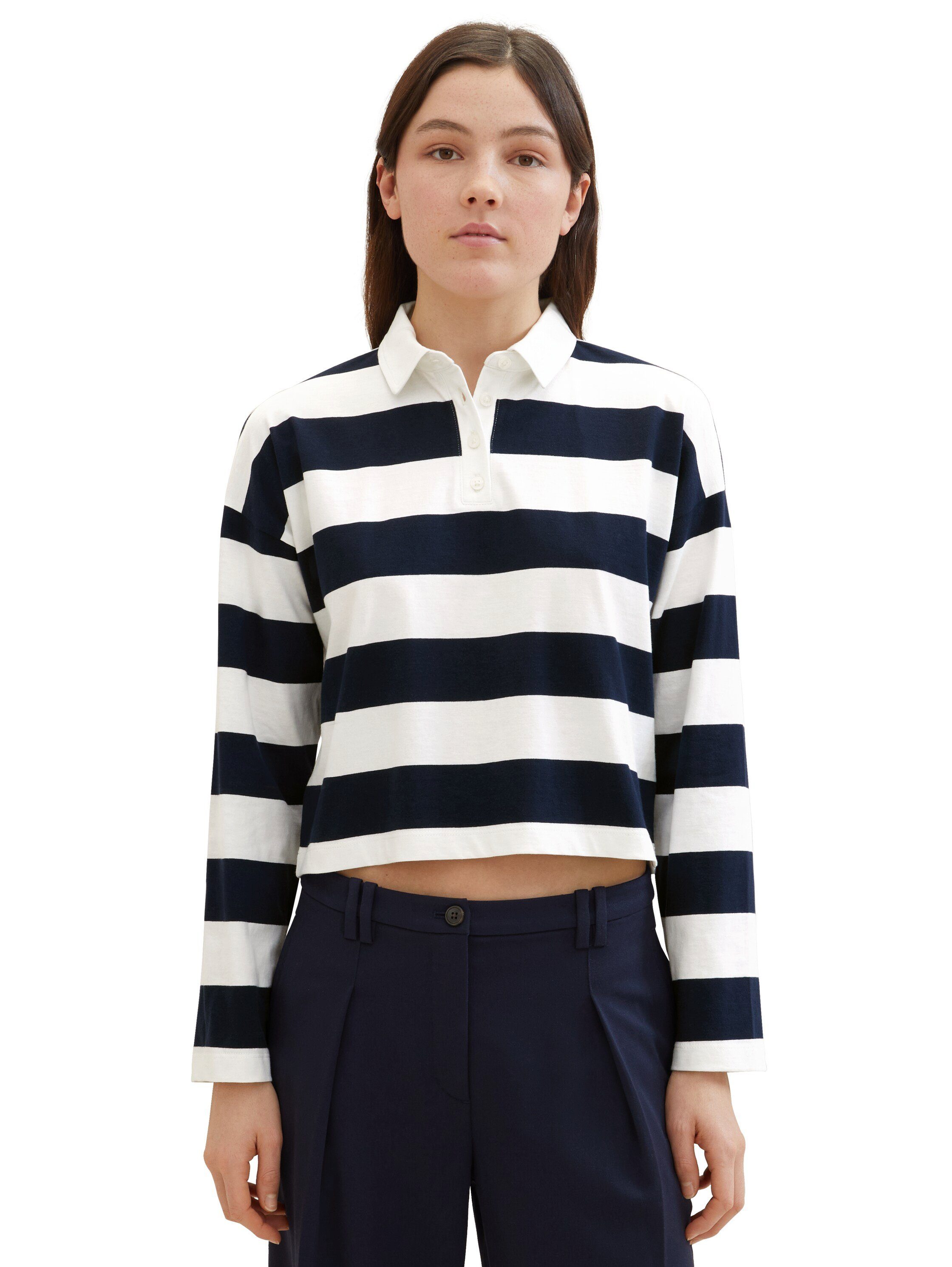 Tom Tailor Denim Poloshirt met lange mouwen met strepen en polokraag, extra kort