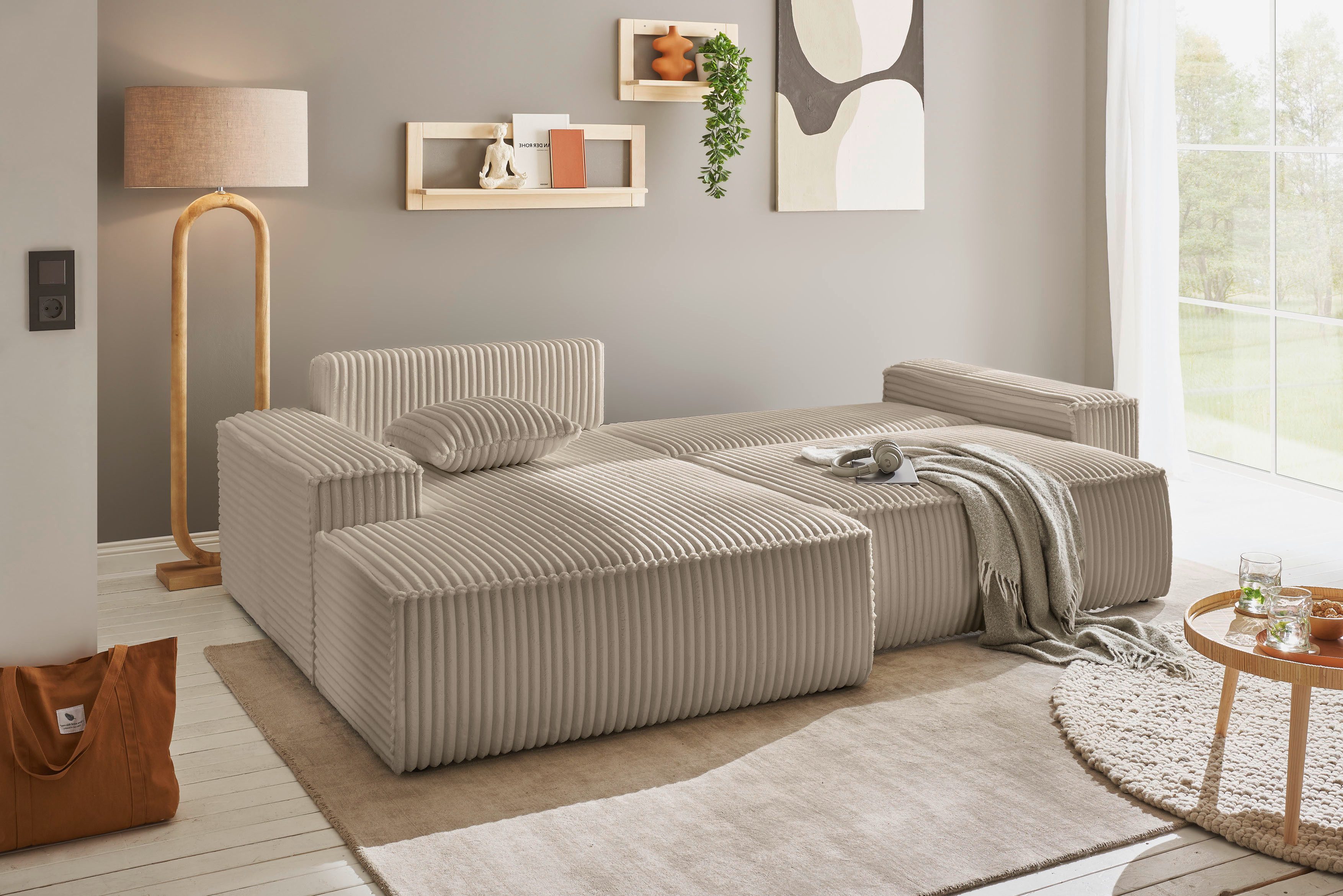 andas Hoekbank Finnley slaapbank 267 cm in Bouclé, fijne structuur en cord, L-vorm