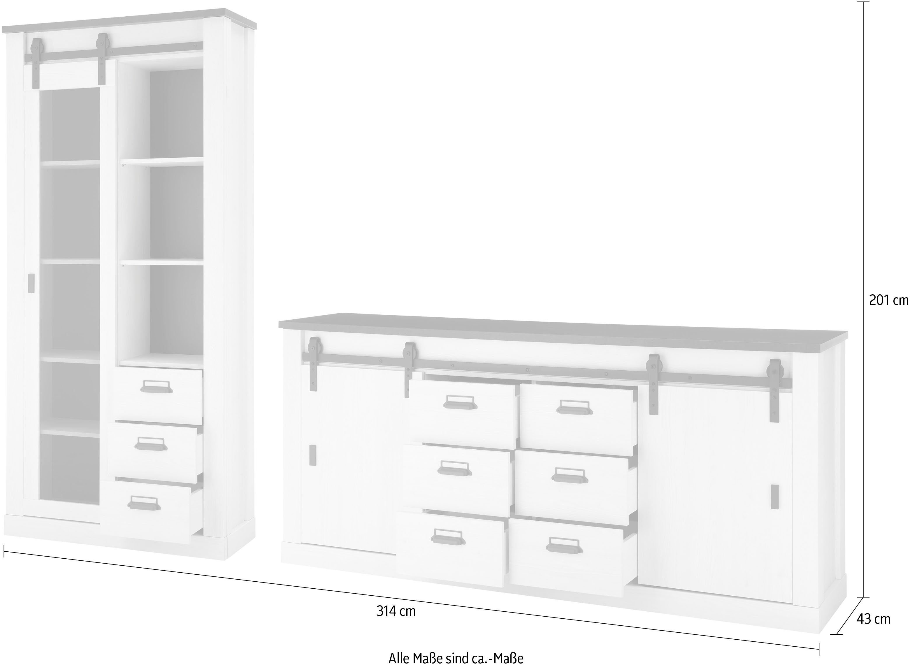Home affaire Wandmeubel Sherwood Schuurdeurbeslag en apothekersgrepen van metaal, hoogte 201 cm (2-delig)