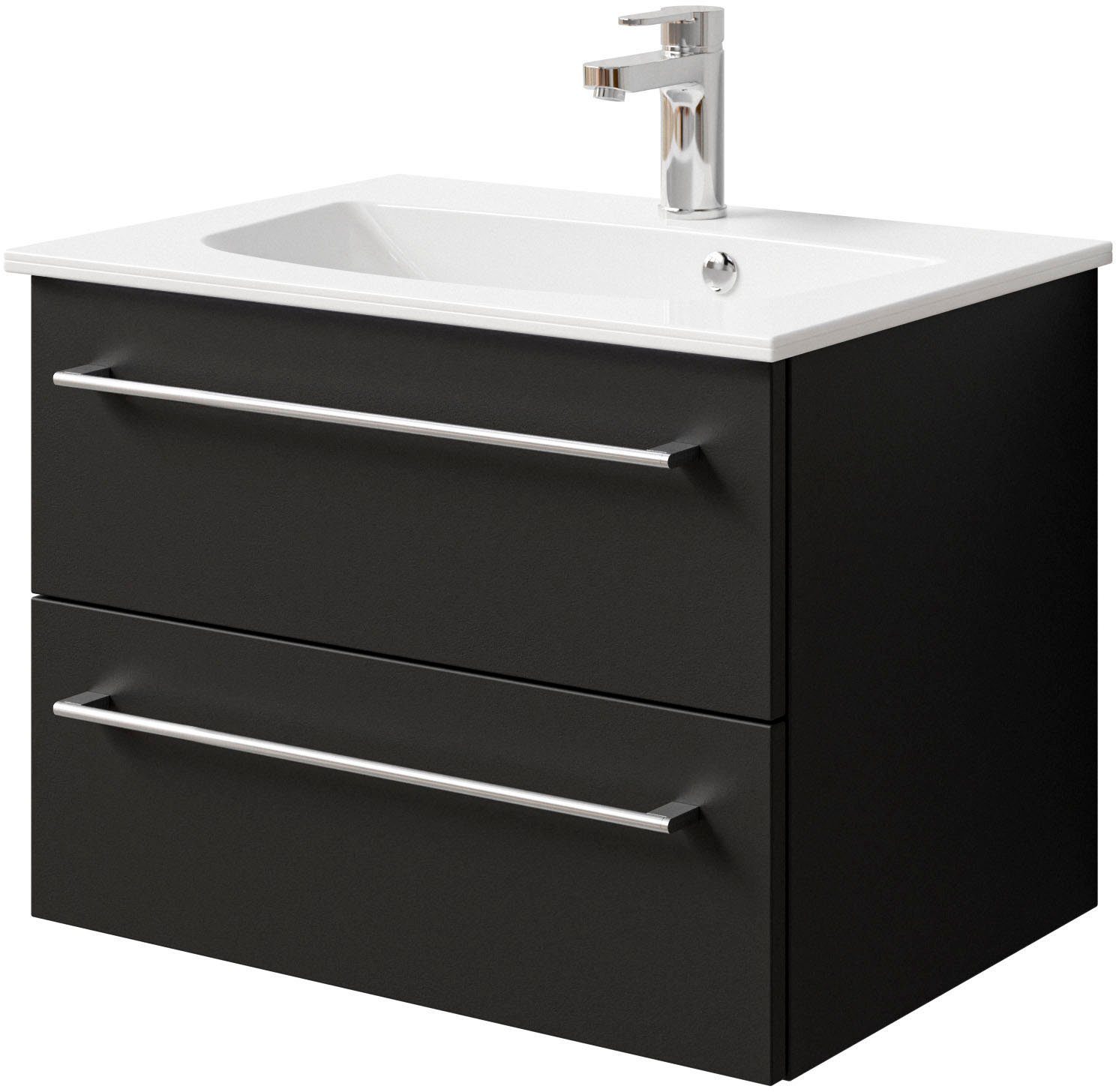 Saphir Wastafelonderkast Serie 6025 mineraalmarmeren wastafel met onderkast, 67 cm breed (2-delig) wastafelmeubels zwart