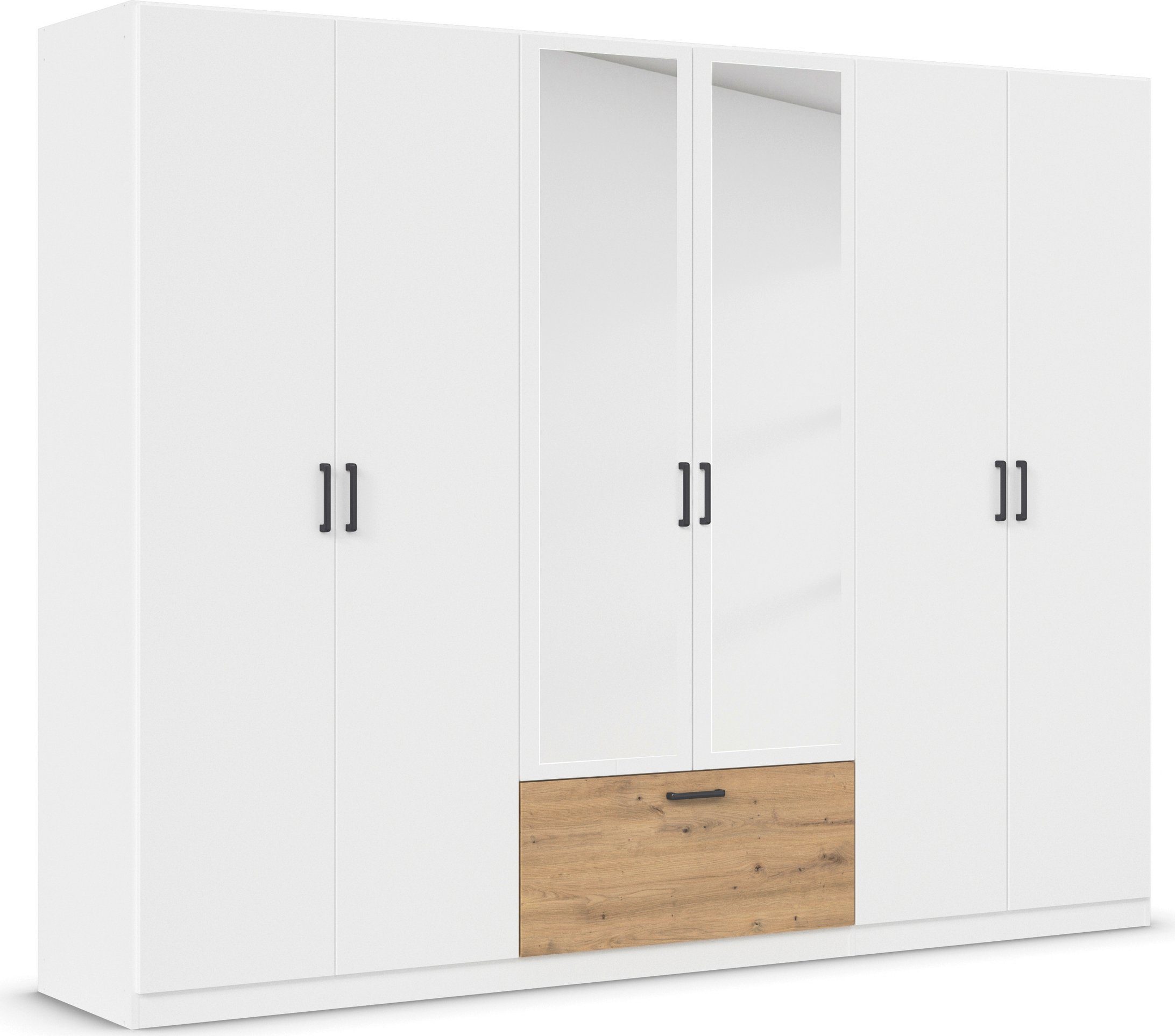 rauch Draaideurkast Kledingkast kast garderobe waskast BARI met spiegel met lades in het midden, moderne greep in grijs metallic made in germany