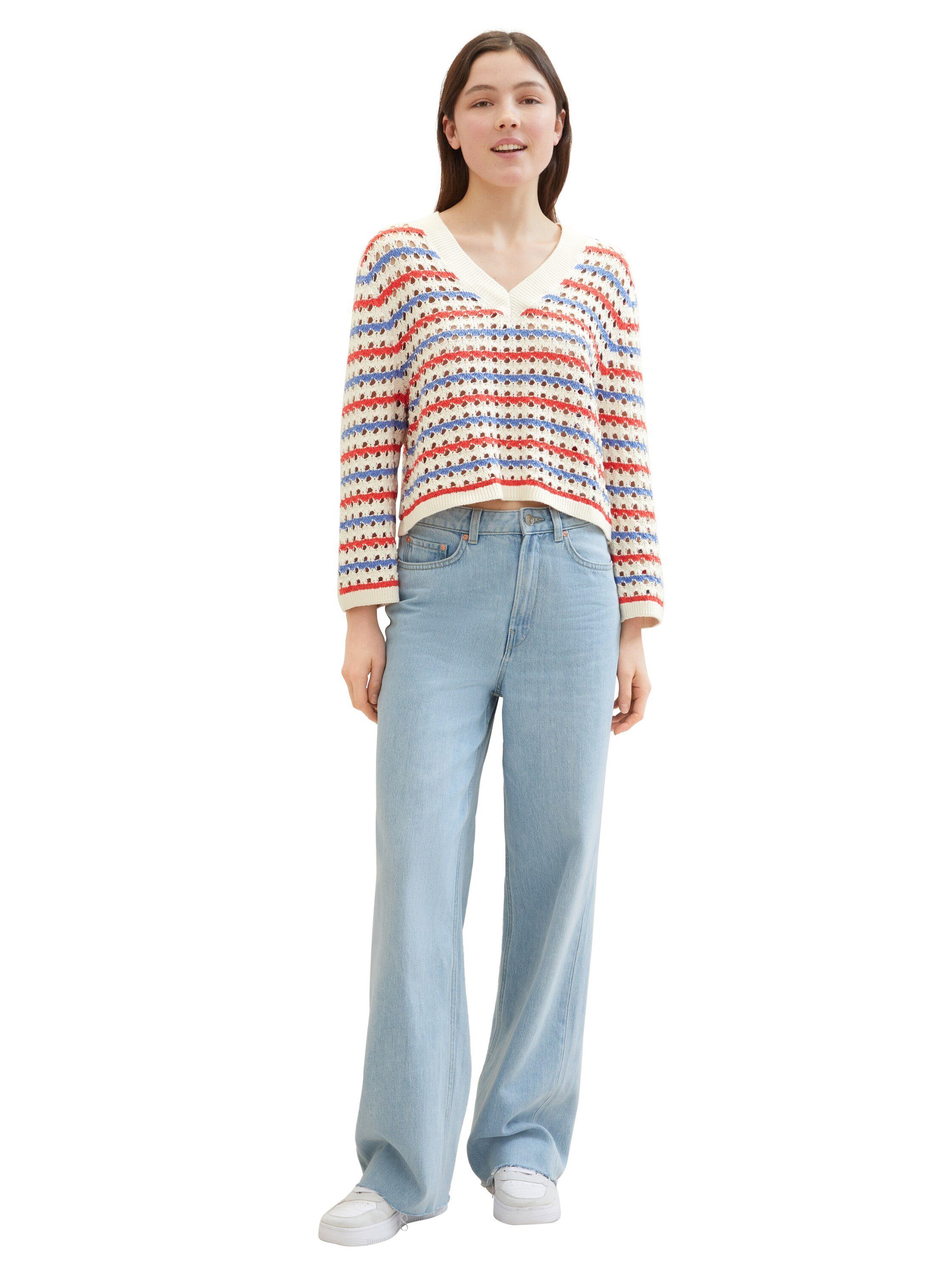 Tom Tailor Denim Gebreide trui in streep-look en met v-halslijn