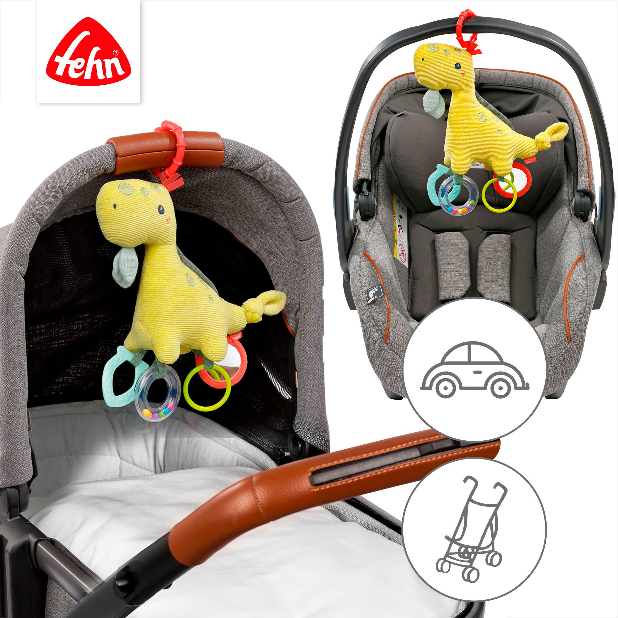 Fehn Kinderwagen hanger Activity Happy dino met bevestigingsring