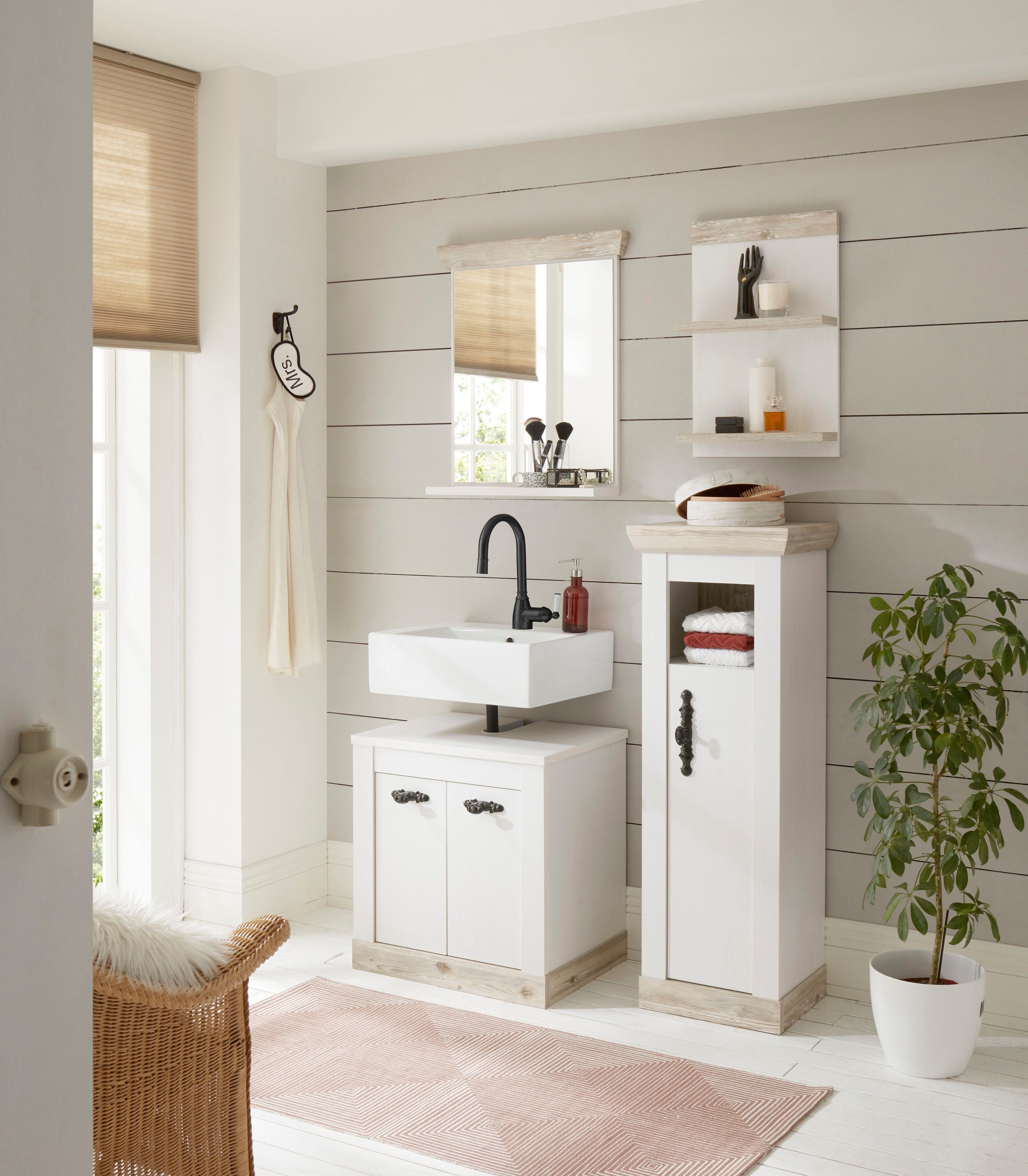 Home affaire Badspiegel Florenz, spiegel in landhuisstijl in pinie wit, met opbergruimte, breedte 60 cm