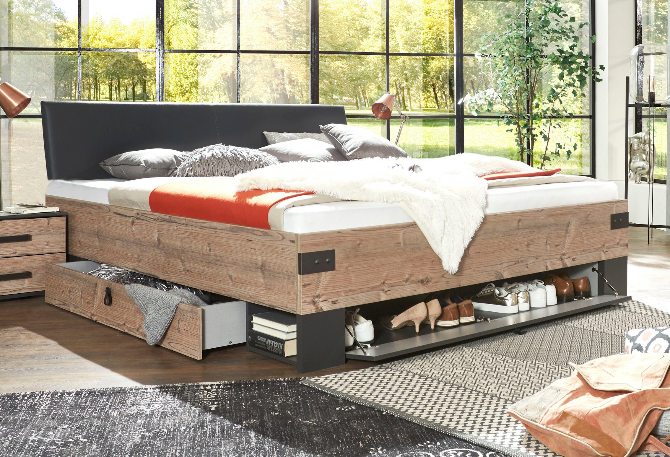 Wimex Slaapkamerserie Stockholm, rustieke look in industrieel ontwerp 6-delig, kledingkast met spiegel, bed inclusief lades (set)