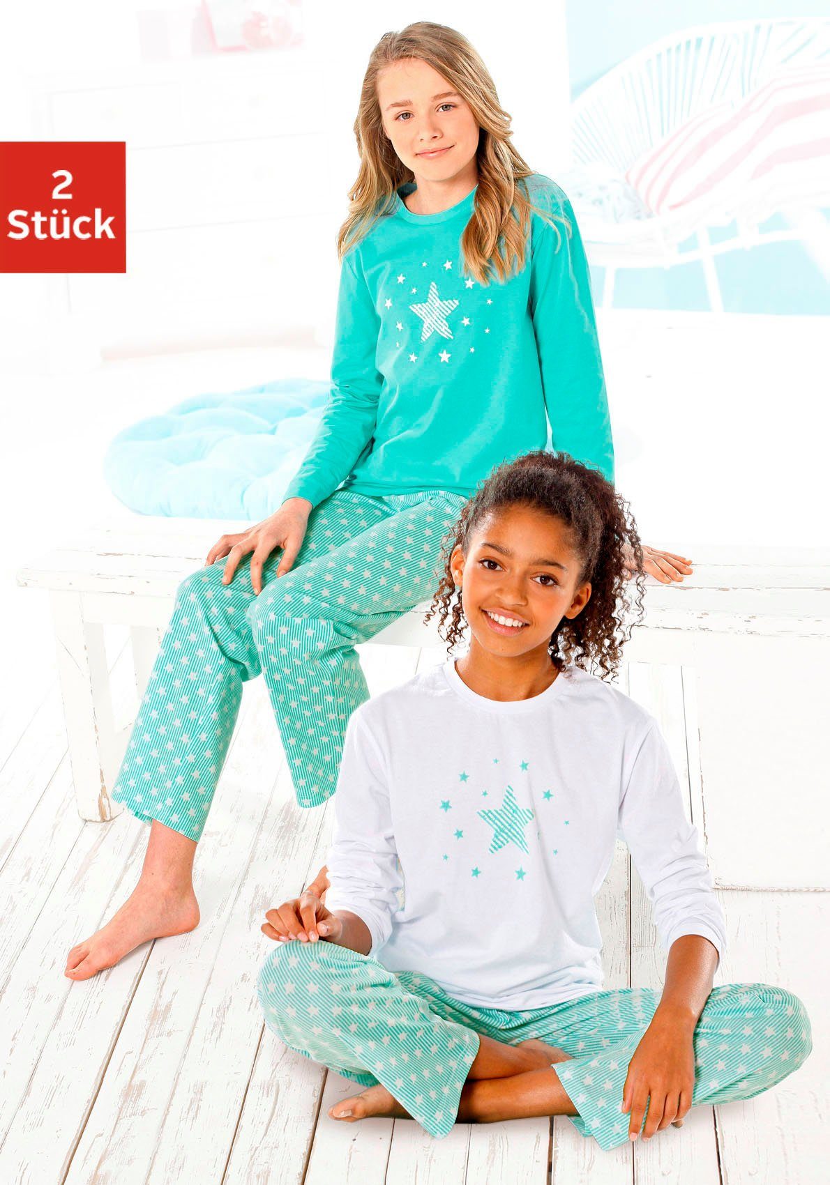 petite fleur Pyjama in een lang model met sterretjesprint (4-delig, Set van 2)