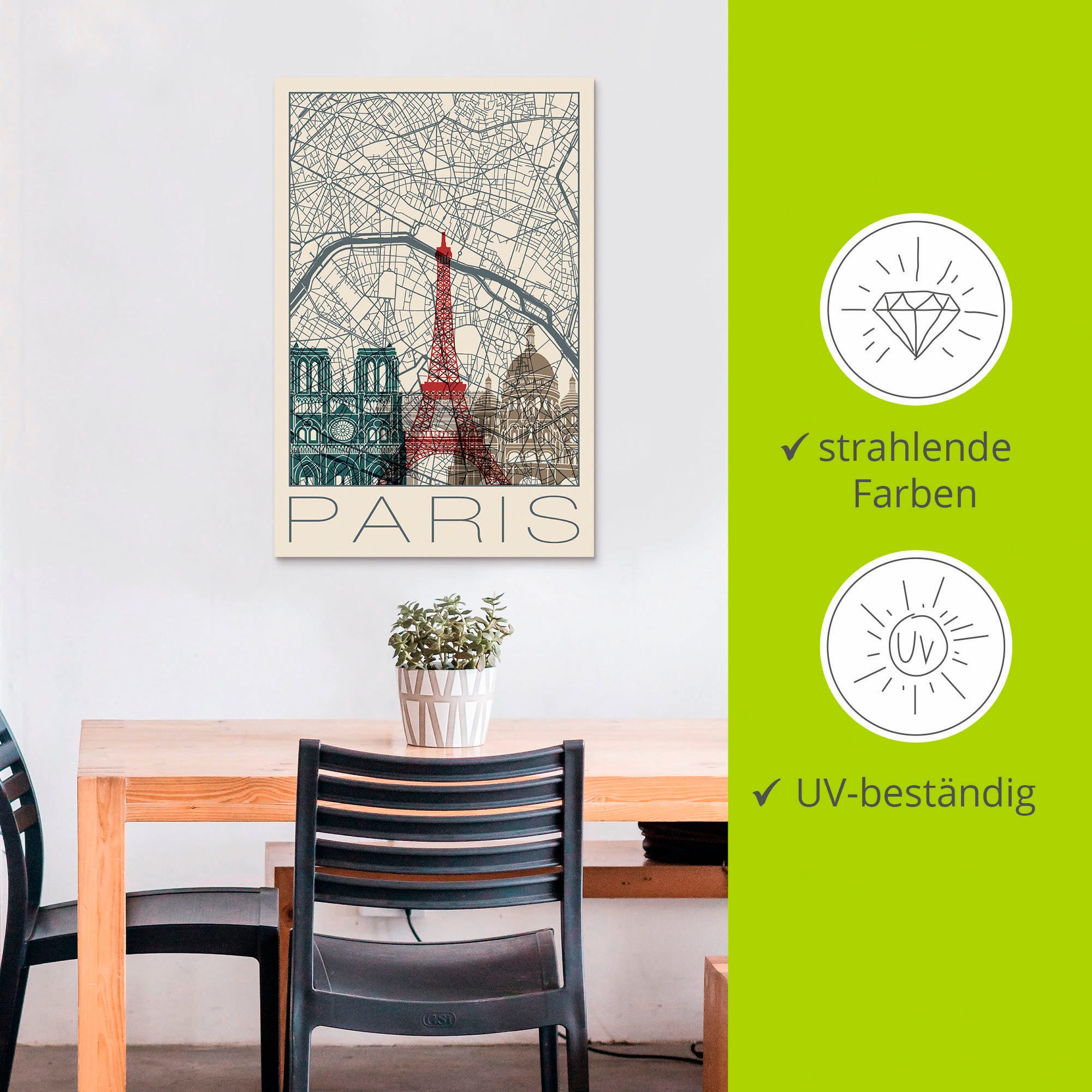 Artland Artprint Retro kaart Parijs Frankrijk en skyline als artprint van aluminium, artprint voor buiten, poster in diverse formaten