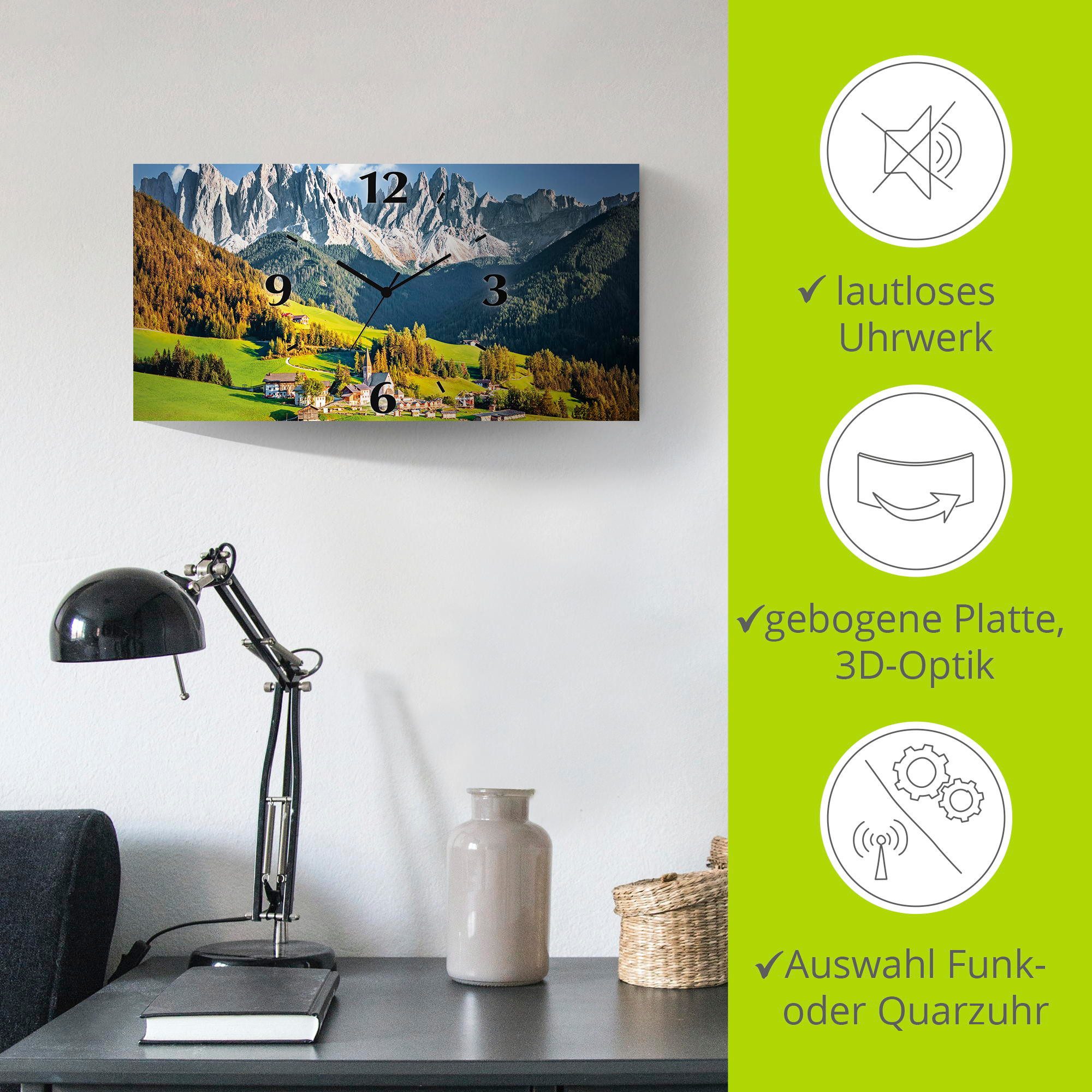 Artland Wandklok Alpen bergen Santa Maddalena 3d-look geschulpt, met kwarts- of radiografisch uurwerk, verschillende maten