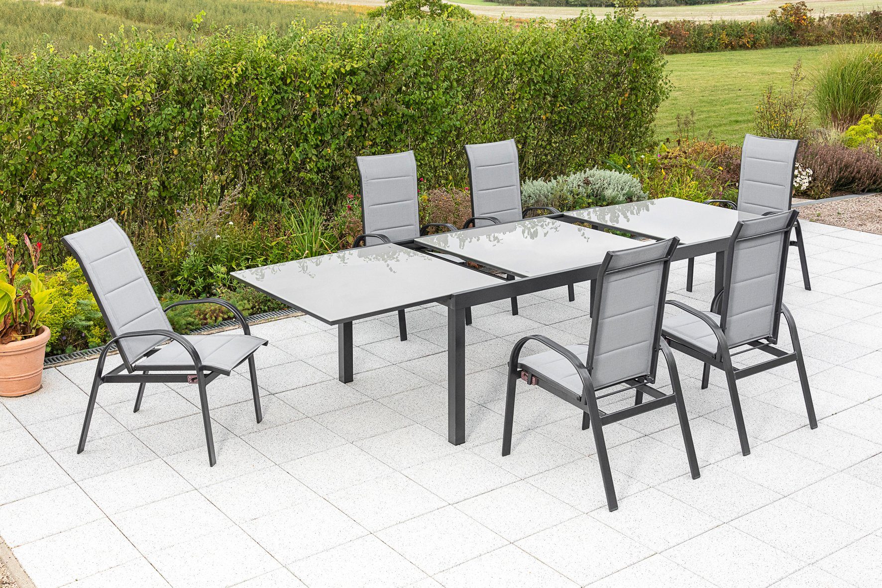 MERXX Tuin-eethoek Marini 6 klapstoelen met uittrekbare tafel (7-delig) tuinsets bruin