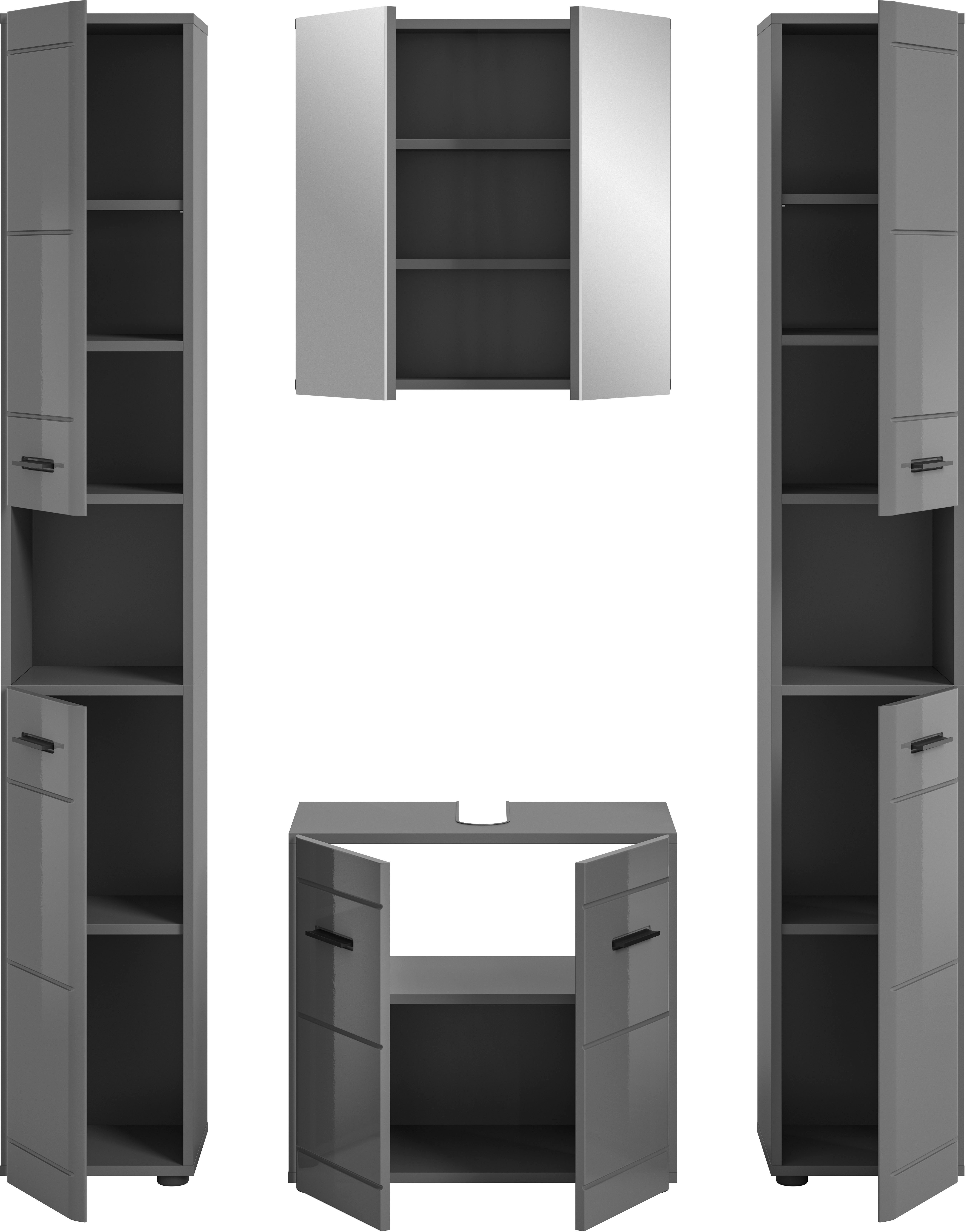 welltime Badmeubelset Doux, bestaande uit: 2x hoge kast, wastafelonderkast Spiegelschrank, hoogwaardige hoogglans MDF front met groeffrasing (4 stuks)