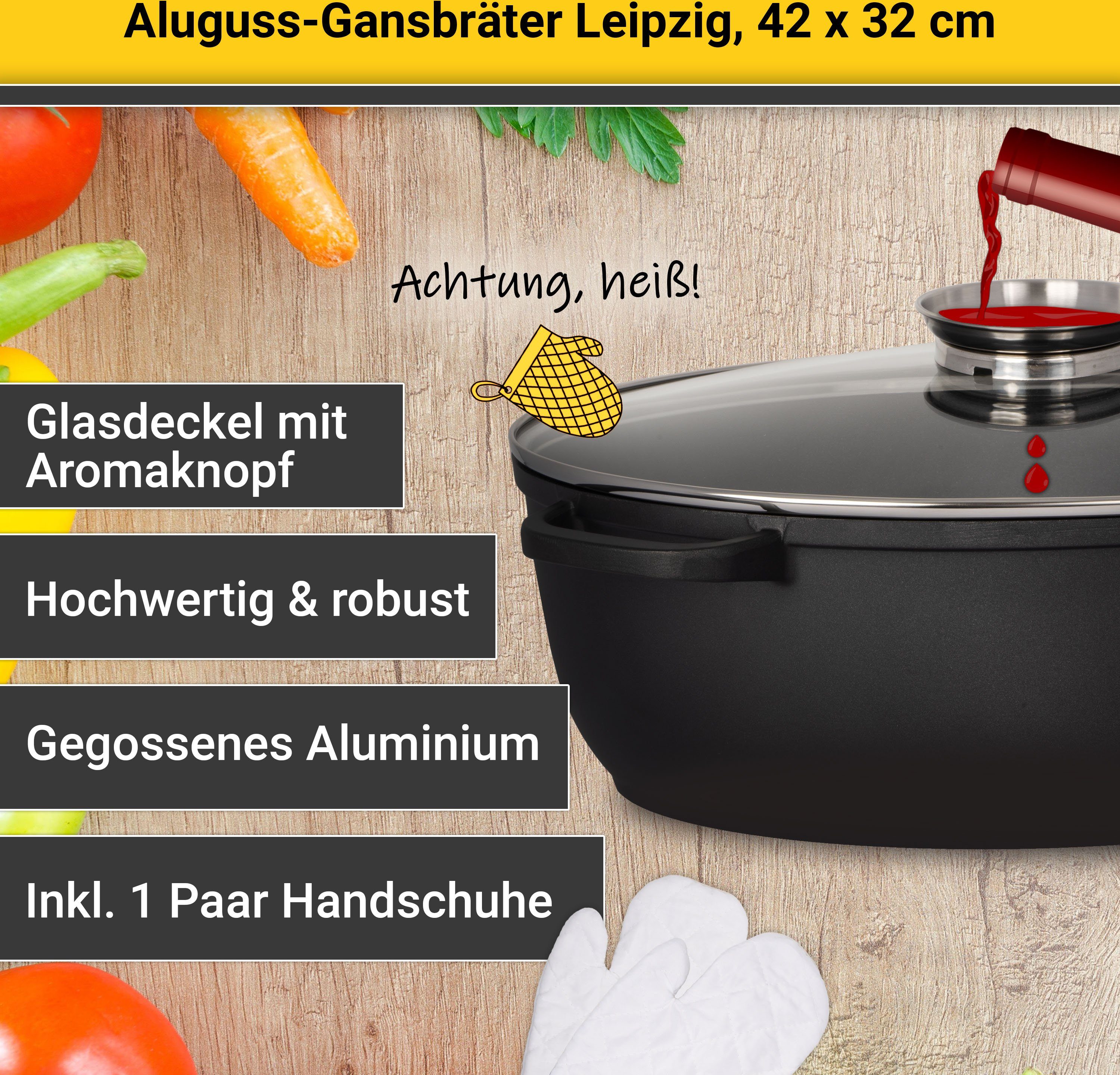 Krüger Braadpan Gietaluminium ganzenbraadpan met glazen deksel en aromaknop LEIPZIG, 42x32x14 cm (1-delig)